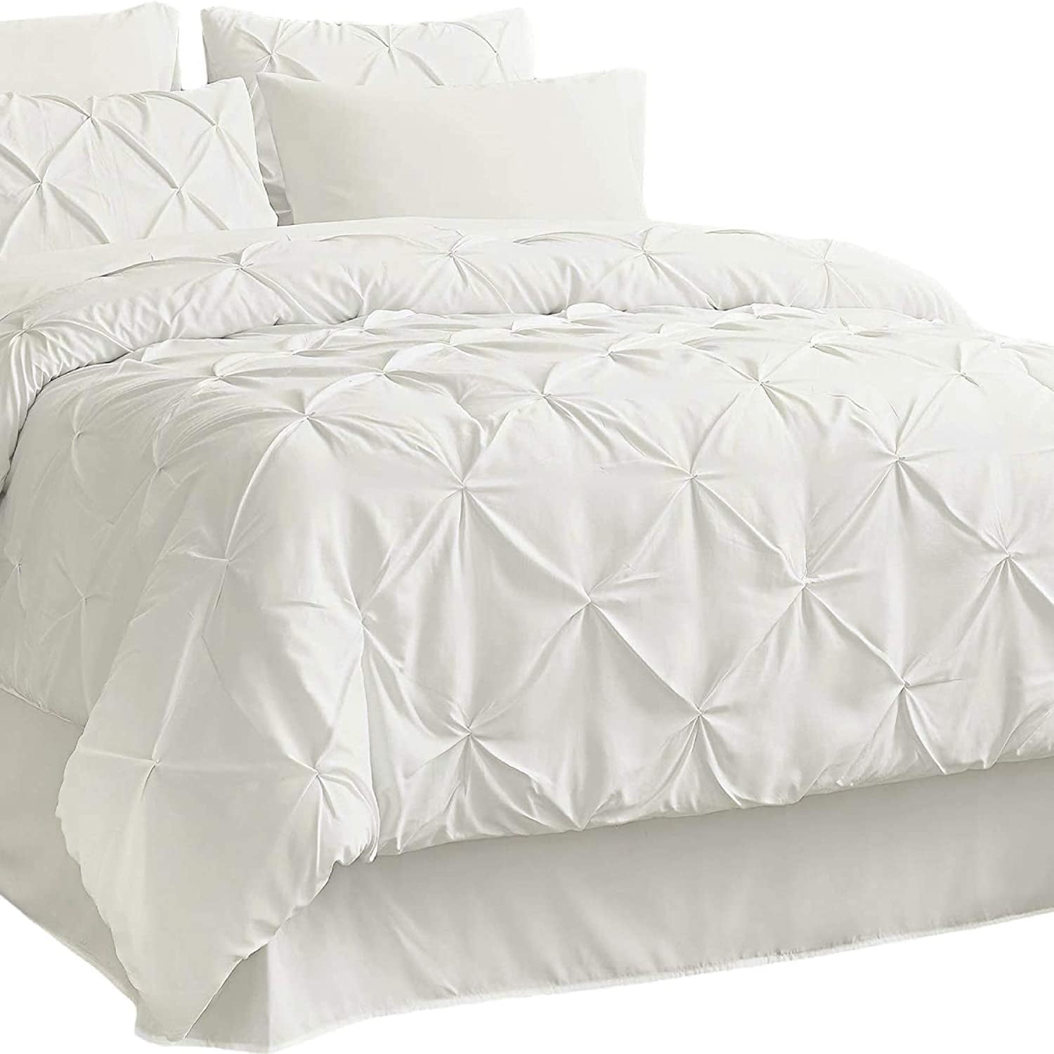 Cozy Comfort Cal King Comforter Set Light Pure White  7 Pieces Pintuck Bed in A Bag Bed Set with Comforters Sheets Pillowcases Shams