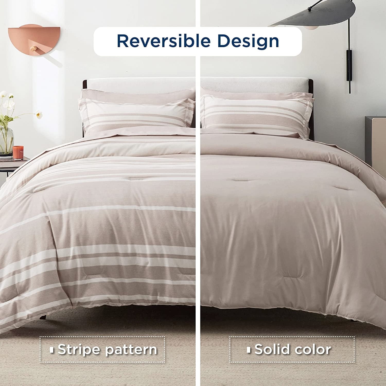 Cozy Comfort Bed in a Bag King Size 7 Pieces Light Camel White Striped Bedding Comforter Sets All Season Bed Set 2 Pillow Shams Flat Sheet Fitted Sheet and 2 Pillowcases