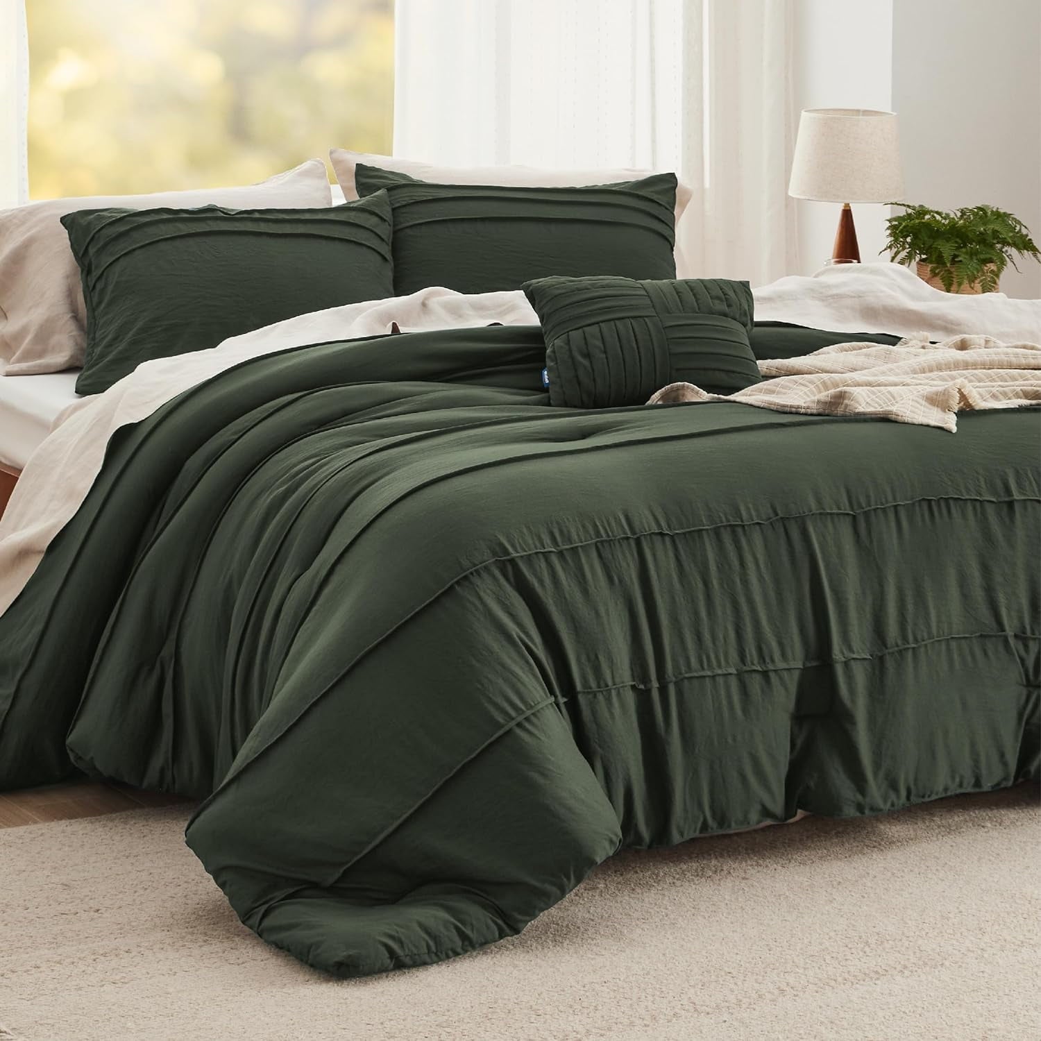 Cozy Comfort by Bedsure Olive Green Queen Comforter Set - 4 Pieces Pinch Pleat Bed Set, Down Alternative Bedding Sets for All Season, 1 Comforter, 2 Pillowcases, 1 Decorative Pillow