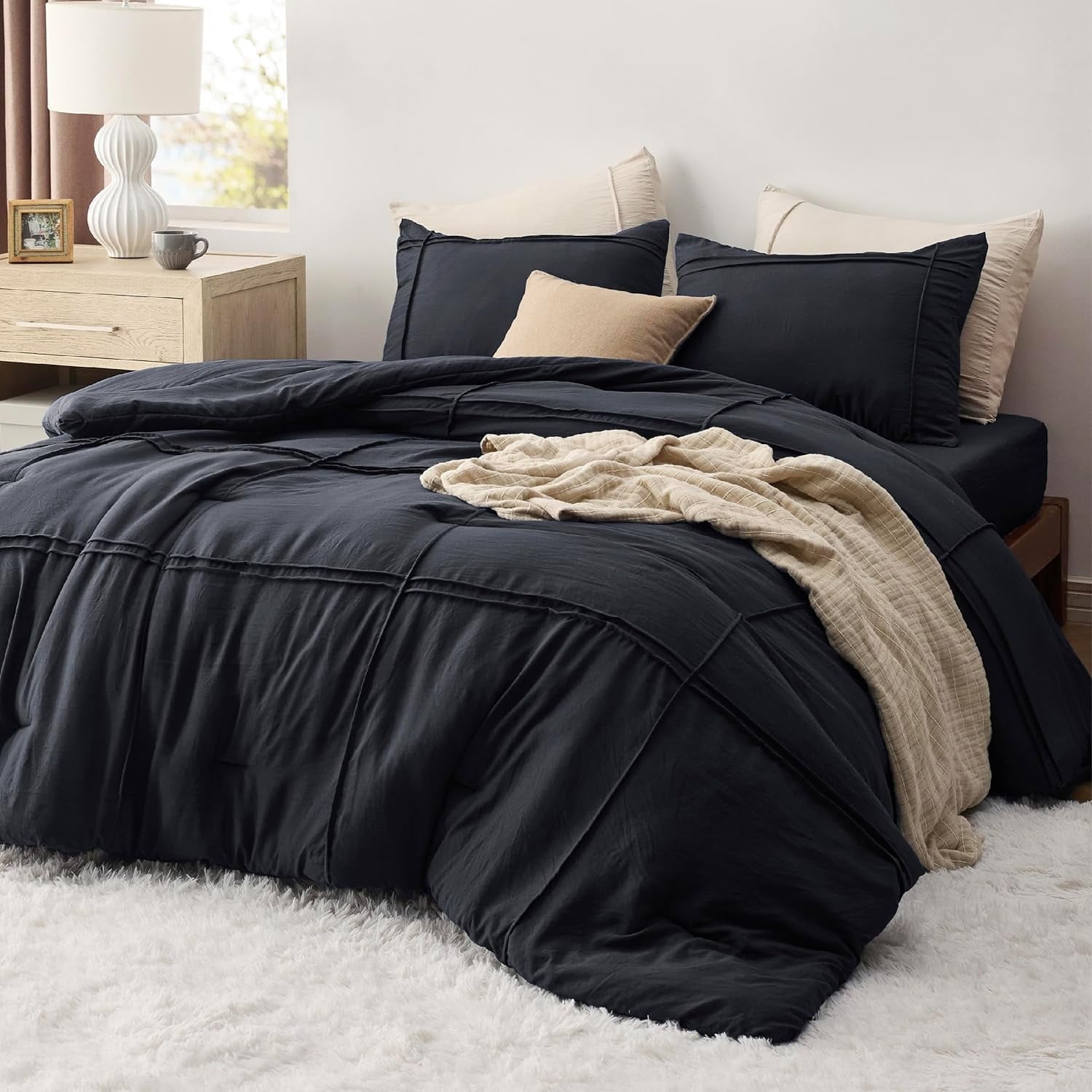 Cozy Comfort California King Comforter Set with Sheet - 4 Pieces Soft Black Bedding Sets, Grid Pinch Pleat, All Season Lightweight Fluffy Bed Set with Solid Boho Comforter, Pillowcases & Sheet