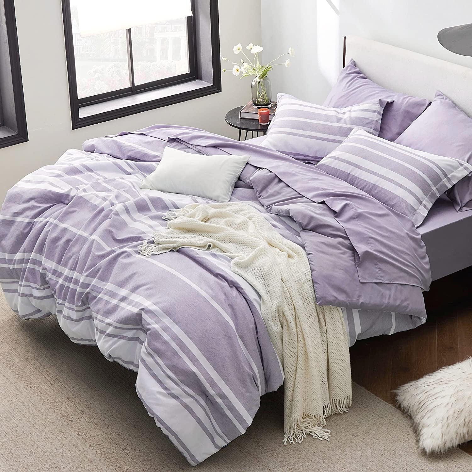U by Bedsure Bed in a Bag King Size 7 Pieces, Purple White Striped Bedding Comforter Sets All Season Bed Set, 2 Pillow Shams, Flat Sheet, Fitted Sheet and 2 Pillowcases