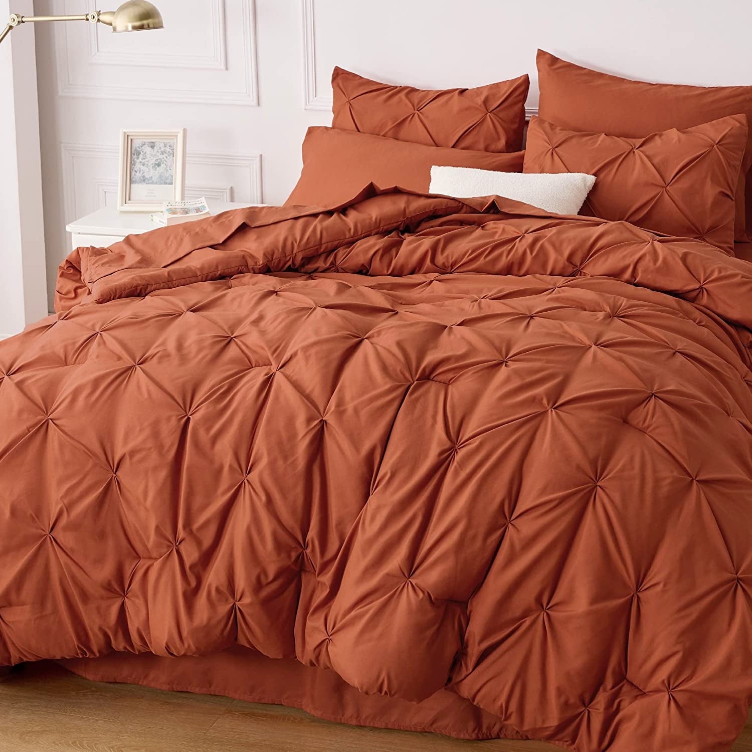 Cozy Comfort Cal King Comforter Set Burnt Orange - 7 Pieces Pintuck Bed In A Bag, Bed Set With Comforters, Sheets, Pillowcases & Shams