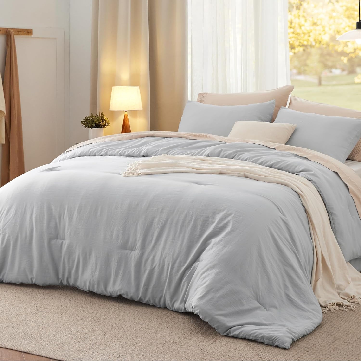 Cozy Comfort 2 Pieces Twin Comforter Bedding Set Light Grey Comforter Set for All Seasons 1 Lightweight Prewashed Comforter and 1 Pillowcases Twin Oyster Mushroom