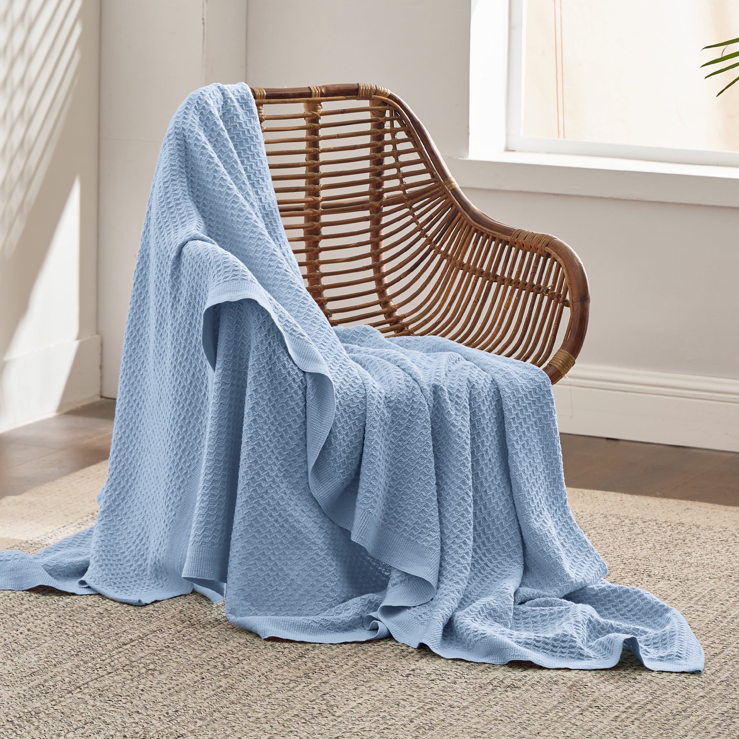 Cozy Comfort 100% Cotton Blankets Twin-XL Blue - Waffle Weave Blankets for All Seasons, 66x90 inches
