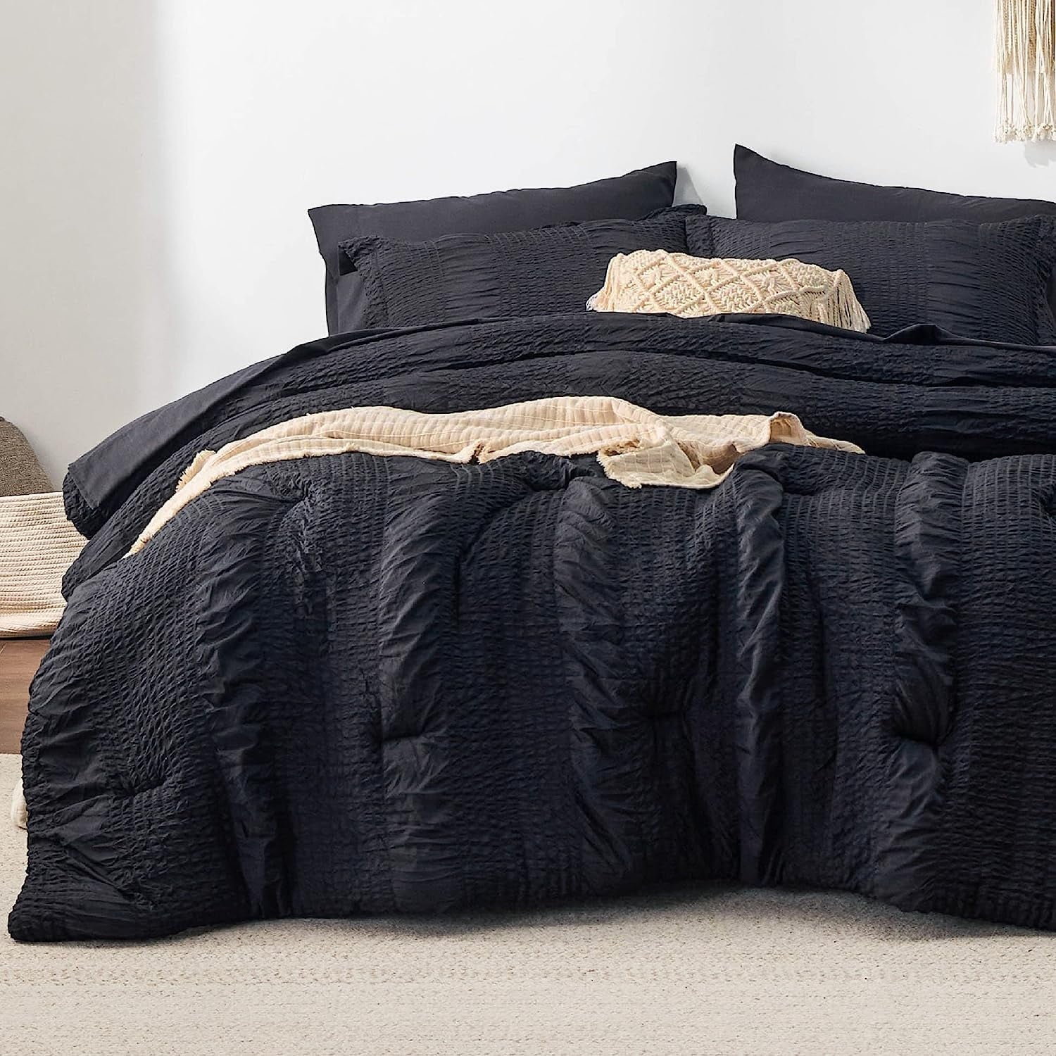 Cozy Comfort Bed in a Bag Full - Full Size Comforter Set 7 Pieces Stripes Seersucker Bedding Set, Soft Lightweight Down Alternative Comforter, Full Bed Set (Black, Full 86 x 82 Inch)