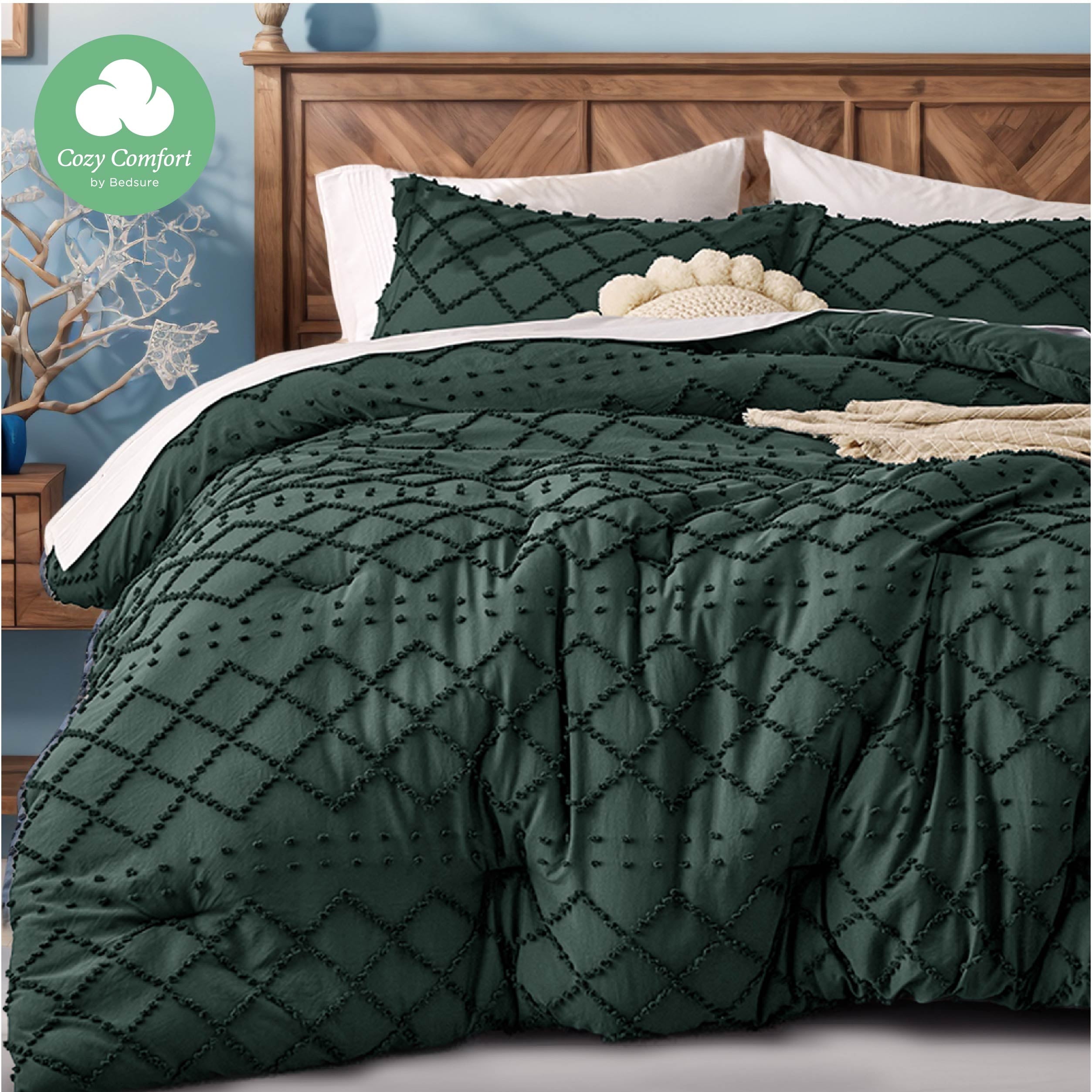 Cozy Comfort Comforter Set Boho Tufted Shabby Chic Bedding Comforter Set 3 Pieces Vintage Farmhouse Bed Set for All Seasons Soft Bedding Set with 2 Pillow Shams King Mallard Green