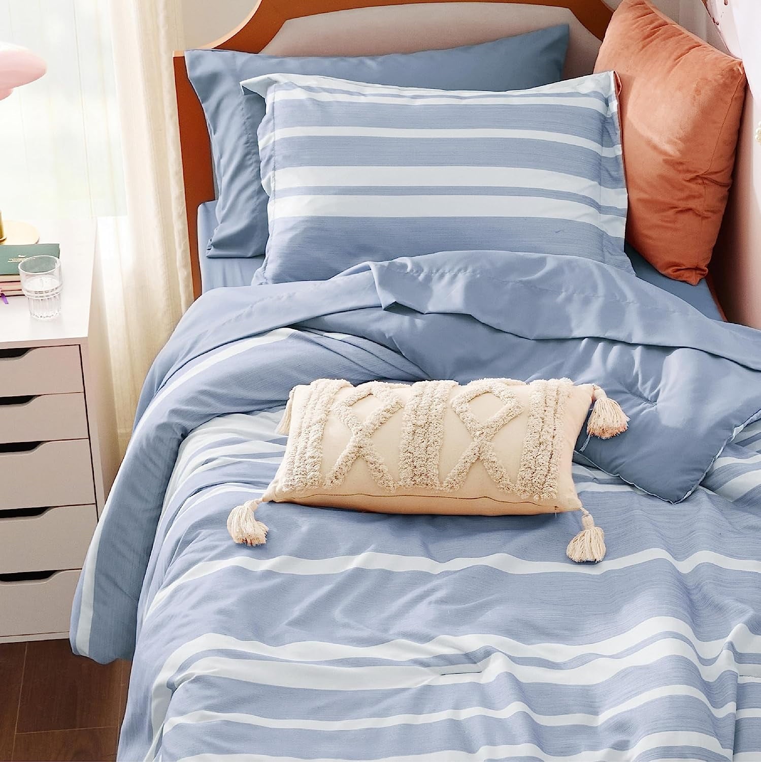 Cozy Comfort Bed in a Bag Twin XL Size 5 Pieces, Navy Blue White Striped Bedding Comforter Sets All Season Bed Set with 1 Pillow Sham, Flat Sheet, Fitted Sheet and 1 Pillowcase