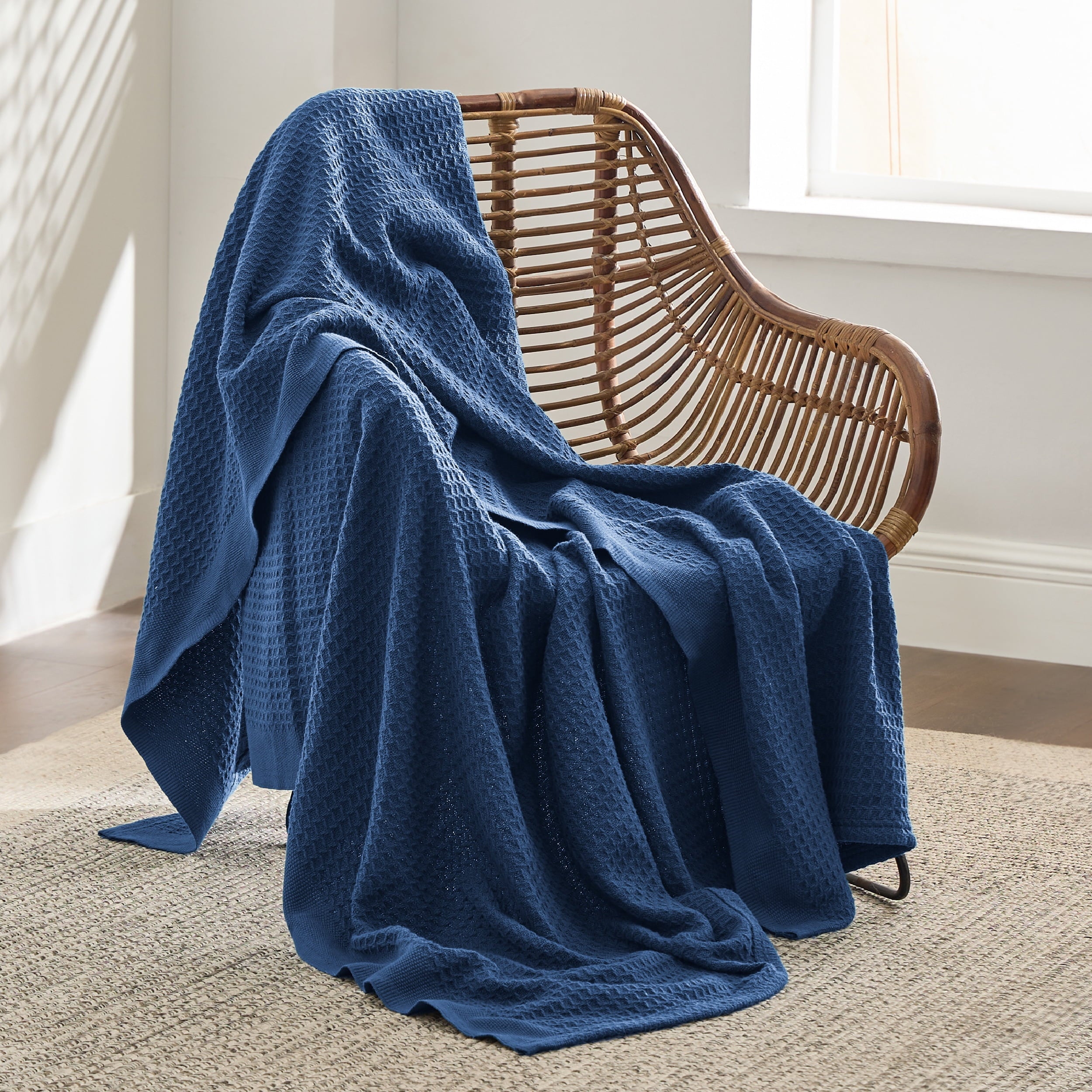 Cozy Comfort 100% Cotton Blankets Twin-Xl Navy - Waffle Weave Blankets For All Seasons 66X90 Inches