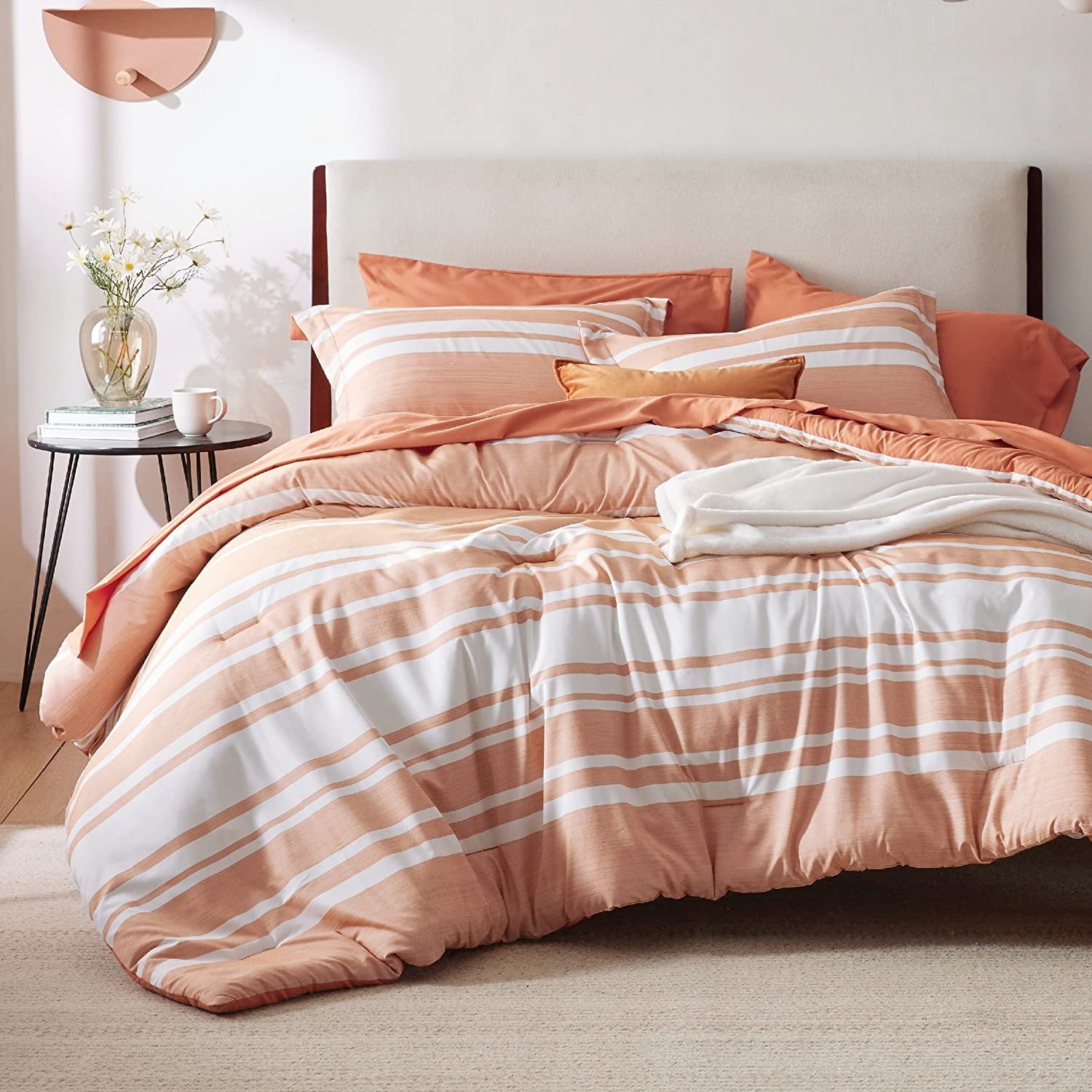 Cozy Comfort Bed in a Bag King Size 7 Pieces, Burnt Orange White Striped Bedding Comforter Sets All Season Bed Set, 2 Pillow Shams, Flat Sheet, Fitted Sheet and 2 Pillowcases
