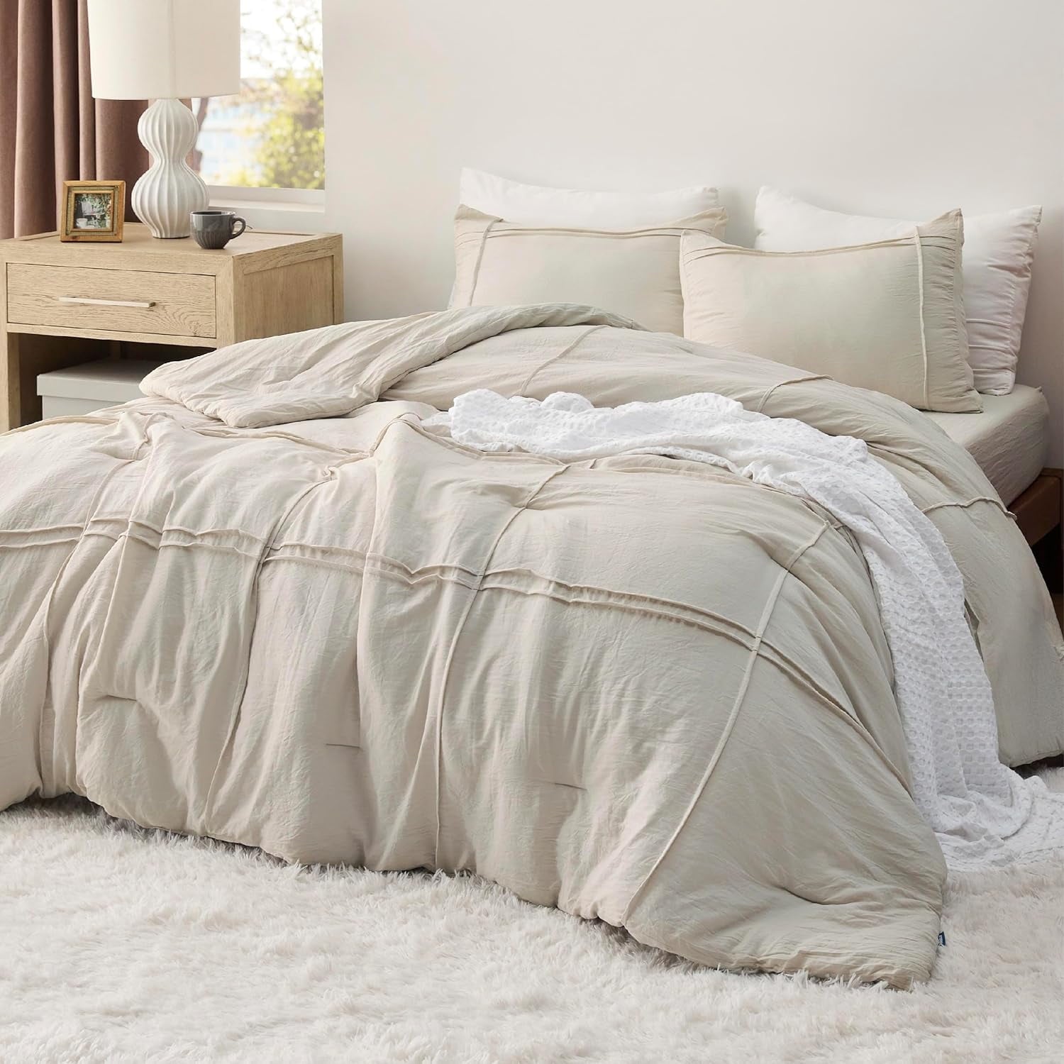 Cozy Comfort California King Comforter Set with Sheet - 4 Pieces Soft Beige Bedding Sets, Grid Pinch Pleat, All Season Lightweight Fluffy Bed Set with Solid Boho Comforter, Pillowcases & Sheet