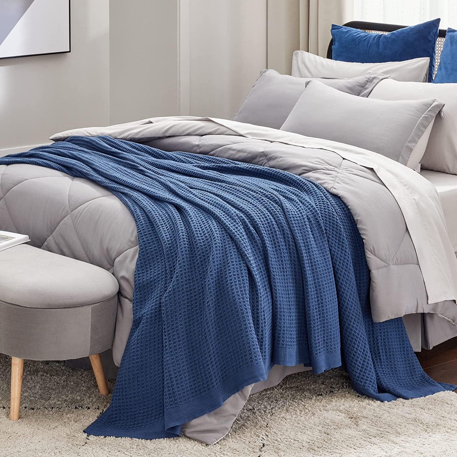 Cozy Comfort 100% Cotton Blankets King Navy - Waffle Weave Blankets for All Seasons, 104x90 inches