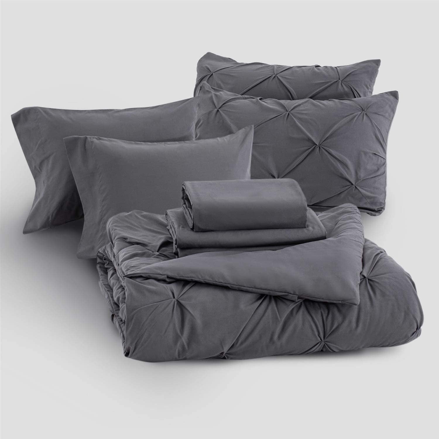 U by Bedsure Dark Grey Twin Comforter Set - 5 Pieces Pintuck Bed in A Bag with Comforters, Sheets, Pillowcases & Shams