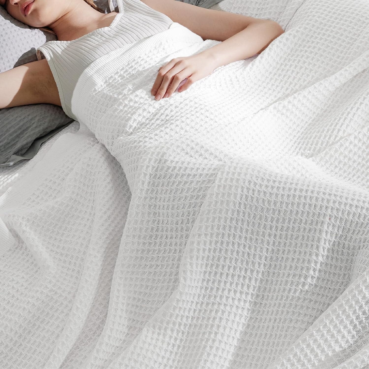 Cozy Comfort 100% Cotton Blankets Twin-XL White - Waffle Weave Blankets for All Seasons, 66x90 inches
