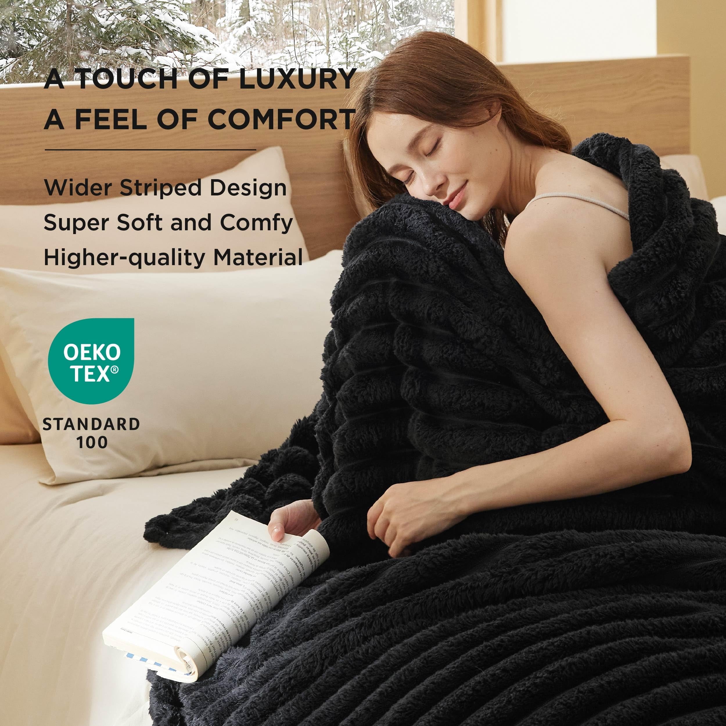 Cozy Comfort Blankets Queen Size for Bed Wider Striped Cute Large Fleece Throws for Girls Black 90x90 inches