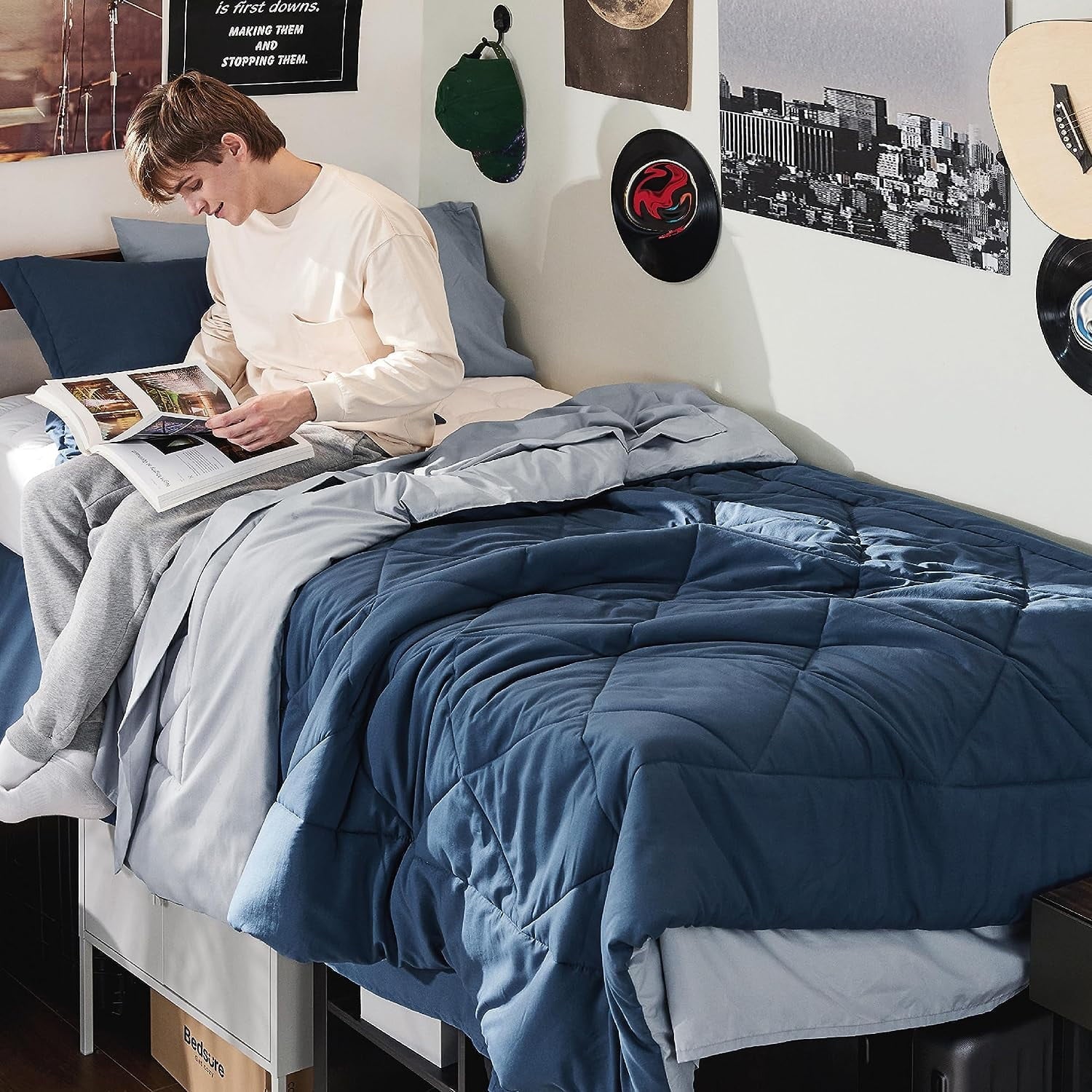U by Bedsure Navy Bed Sets Twin  5 Pieces Reversible Twin Comforter Sets Twin Bedding Set with Comforters Sheets Pillowcase Sham
