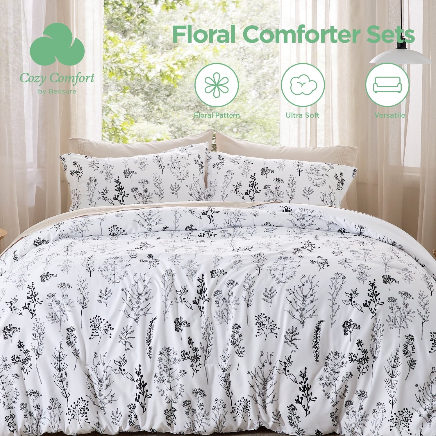 Cozy Comfort by Bedsure 3 Pieces White Full Size Comforter Sets, Cute Flowers Botanical Lightweight Soft Bedding Set with 2 Pillow Shams