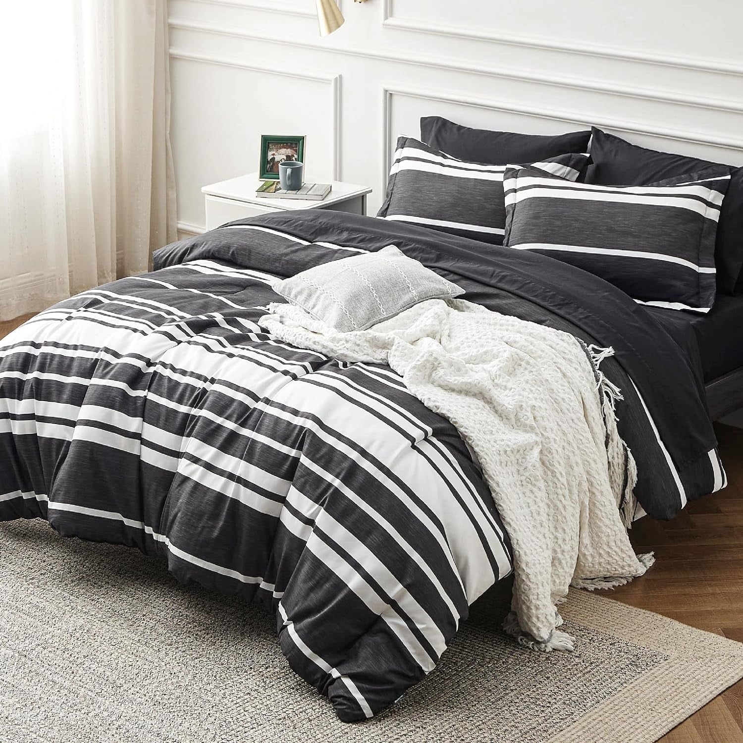 Cozy Comfort Bed in a Bag Full Size 7 Pieces, Black White Striped Bedding Comforter Sets All Season Bed Set