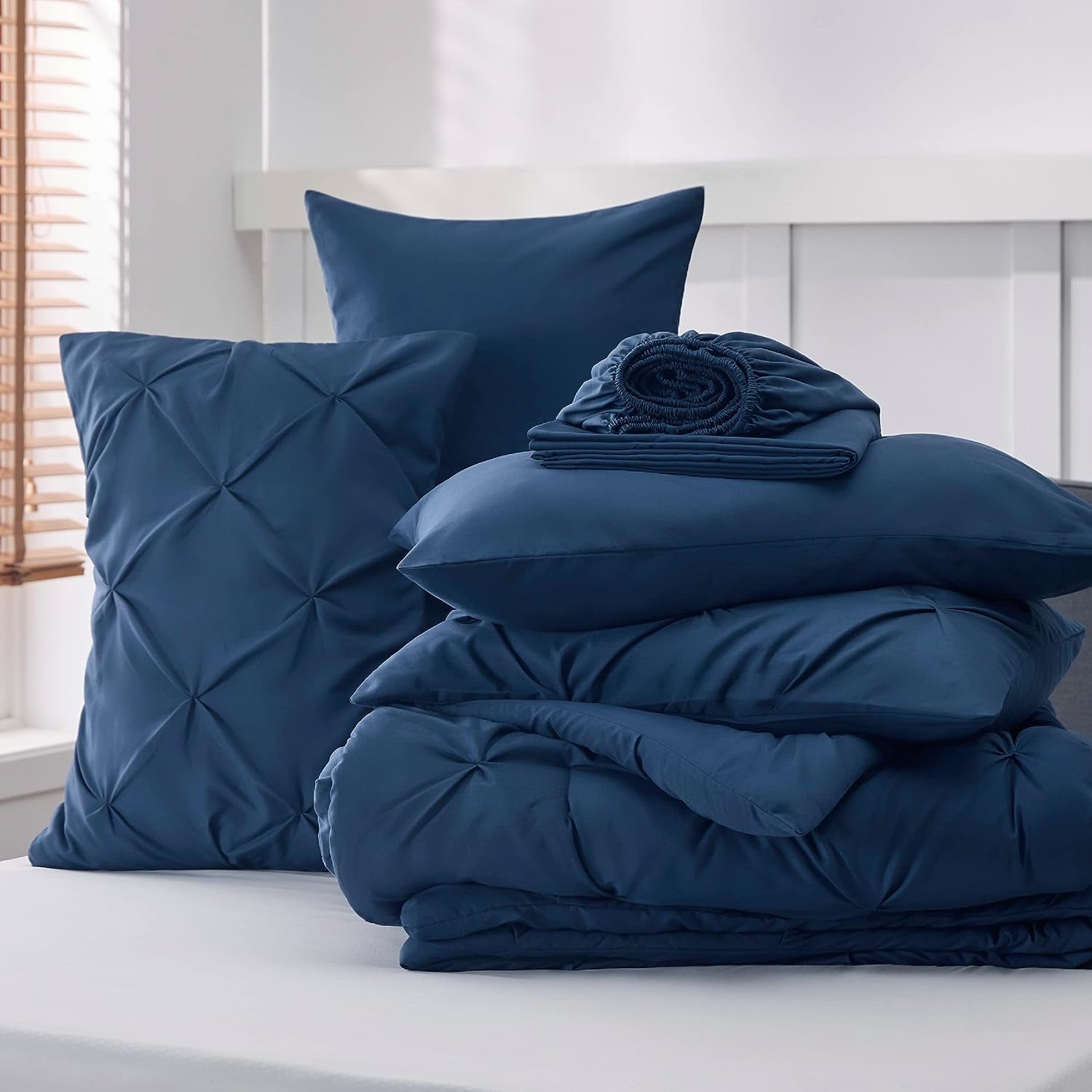 U by Bedsure Queen Comforter Set Navy Blue - 7 Pieces Pintuck Bed in A Bag, Bed Set with Comforters, Sheets, Pillowcases & Shams