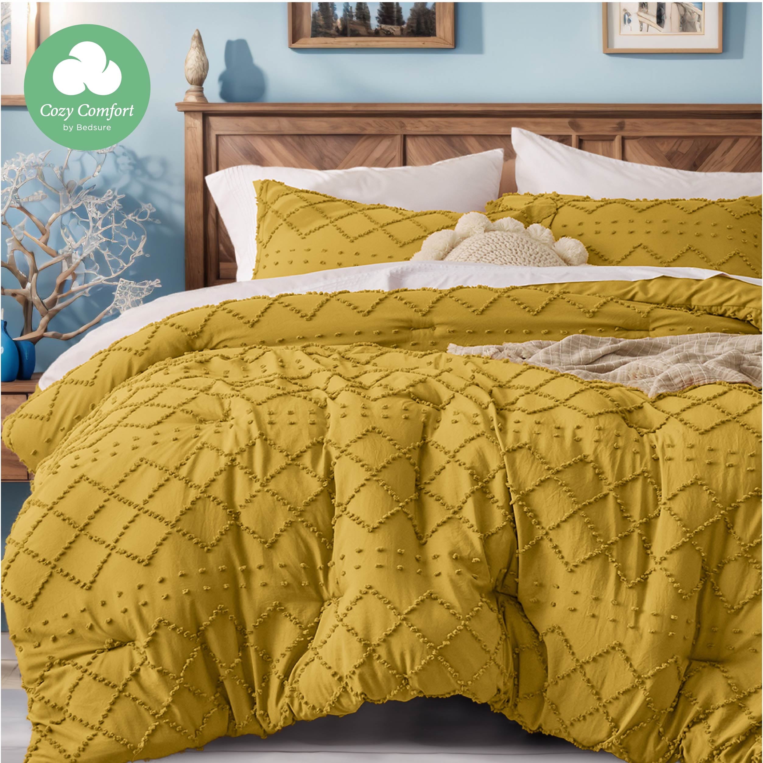 Cozy Comfort Comforter Set Boho Tufted Shabby Chic Bedding Comforter Set 3 Pieces Vintage Farmhouse Bed Set for All Seasons Soft Bedding Set with 2 Pillow Shams Queen Honey