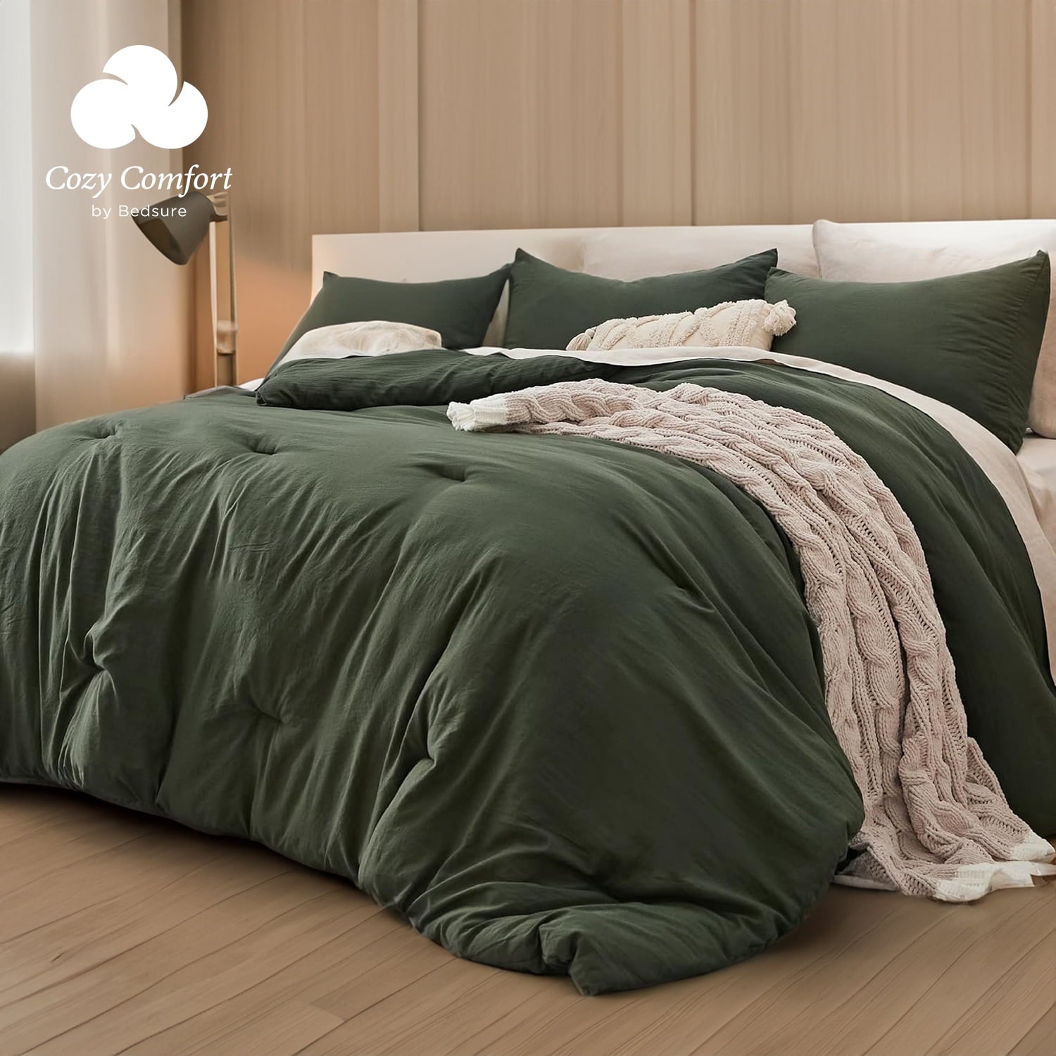 Cozy Comfort 3 Pieces Comforter Bedding Sets, 1 Lightweight Prewashed Comforter For All Seasons And 2 Pillowcases, Queen, Dark Green
