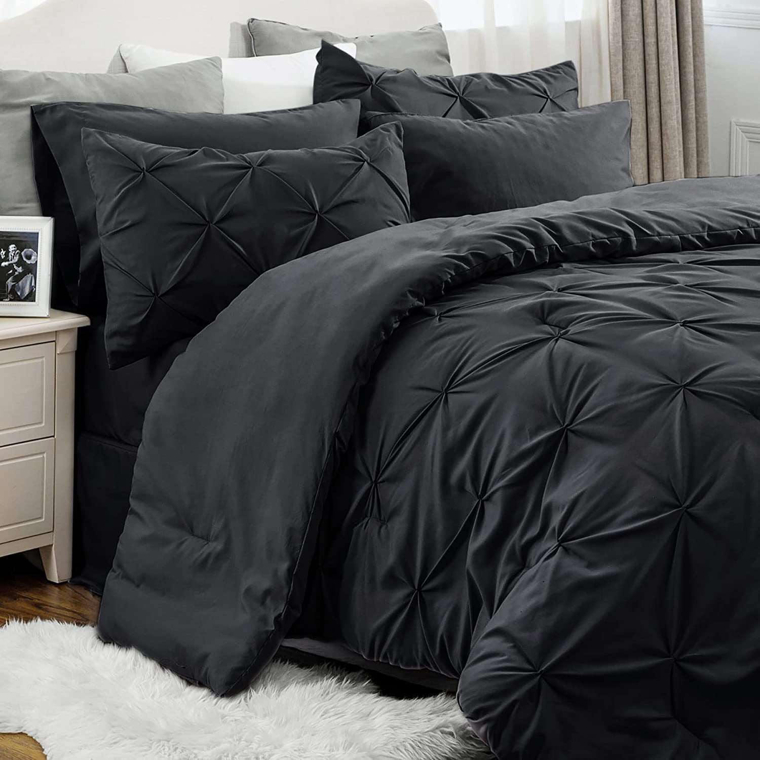 U by Bedsure Queen Comforter Set - 7 Pieces Pintuck, Black Bed in A Bag with Comforters, Sheets, Pillowcases & Shams