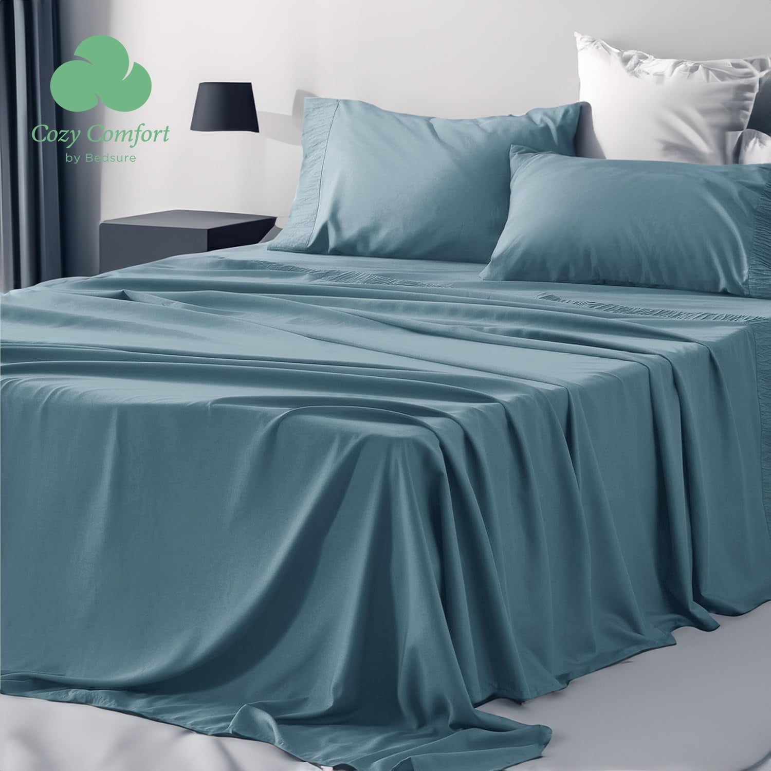 Cozy Comfort 4 Pieces Hotel Luxury Grey Blue Sheets Fulleasy Care Polyester Microfiber Material Cooling Bed Sheet Set