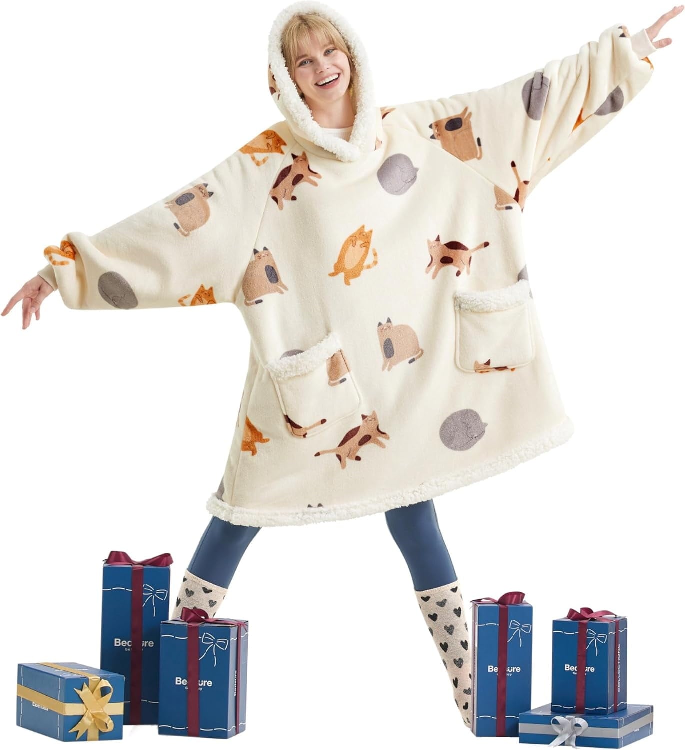 Cozy Comfort Cat Blanket Hoodie with Sleeves - Sherpa Hooded Blanket as Gifts for Mom Women Girlfriend Winter, Cozy Wearable Blanket Sweatshirt Adult