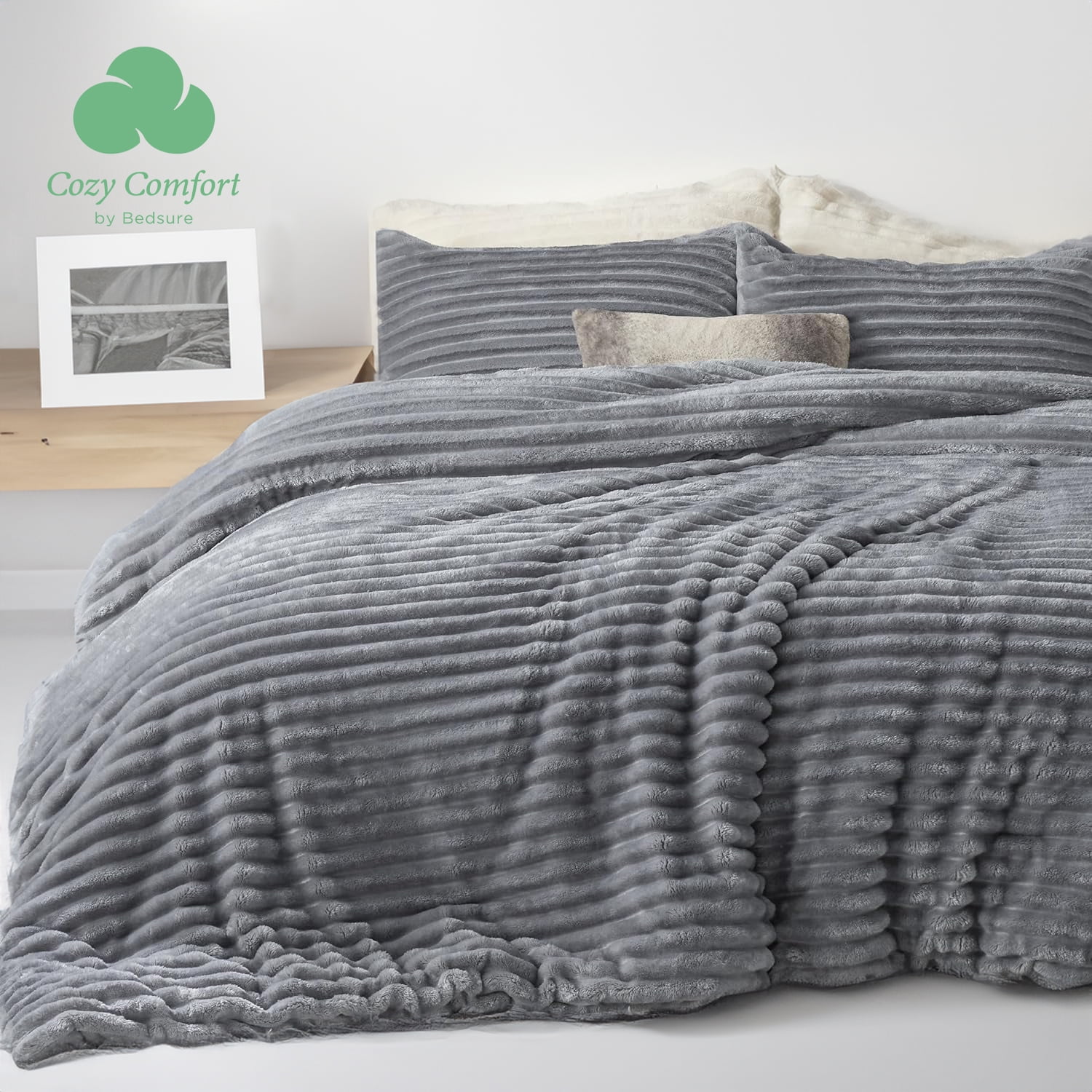 U by Bedsure Fluffy Comforter Set Queen - Grey, 3 Pieces Plush Fuzzy Bed Set, 1 Shaggy Comforter With 2 Pillowcases