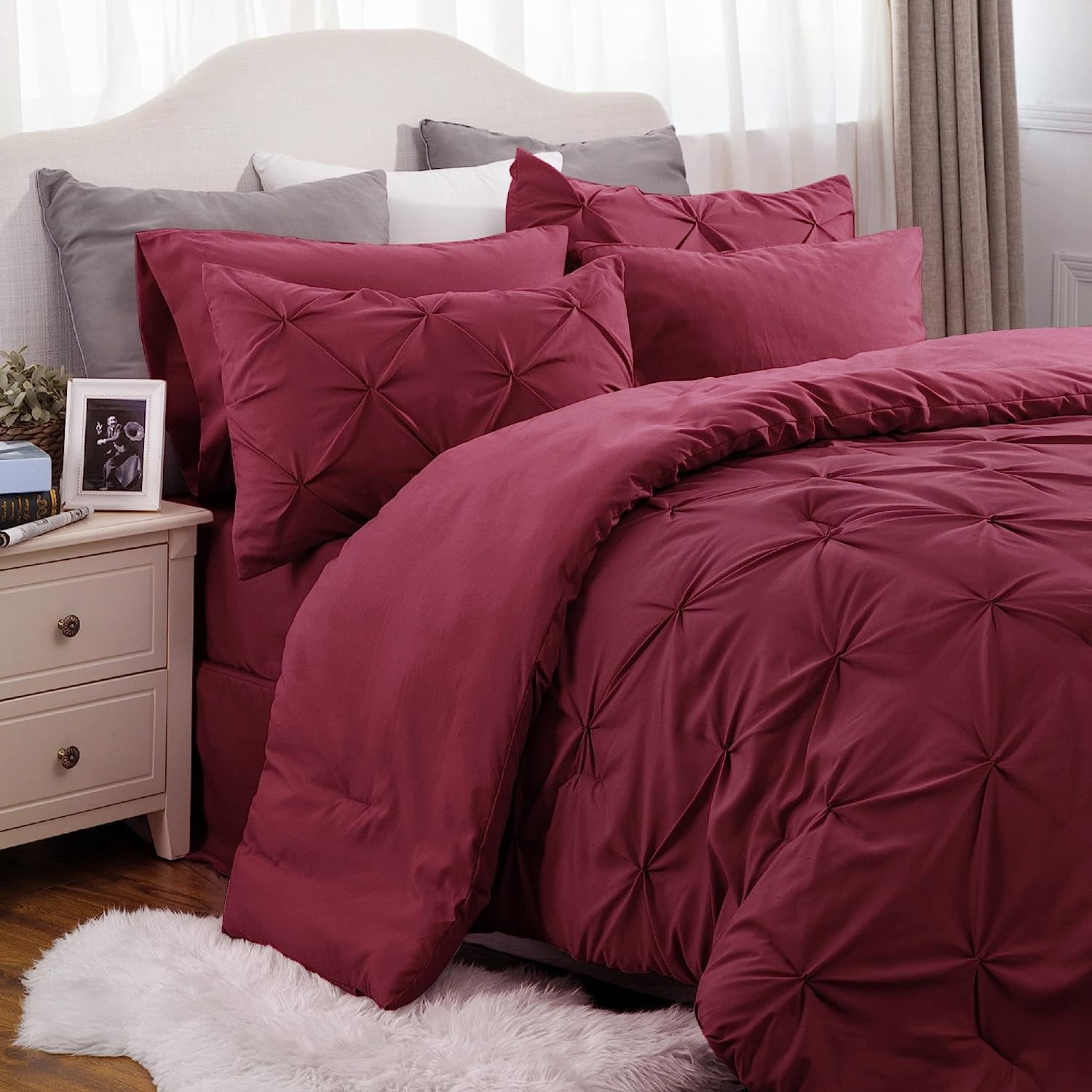 Cozy Comfort Burgundy King Size Comforter Set - Bedding Set King 7 Pieces, Pintuck Bed in a Bag Green Bed Set with Comforter, Sheets, Pillowcases & Shams