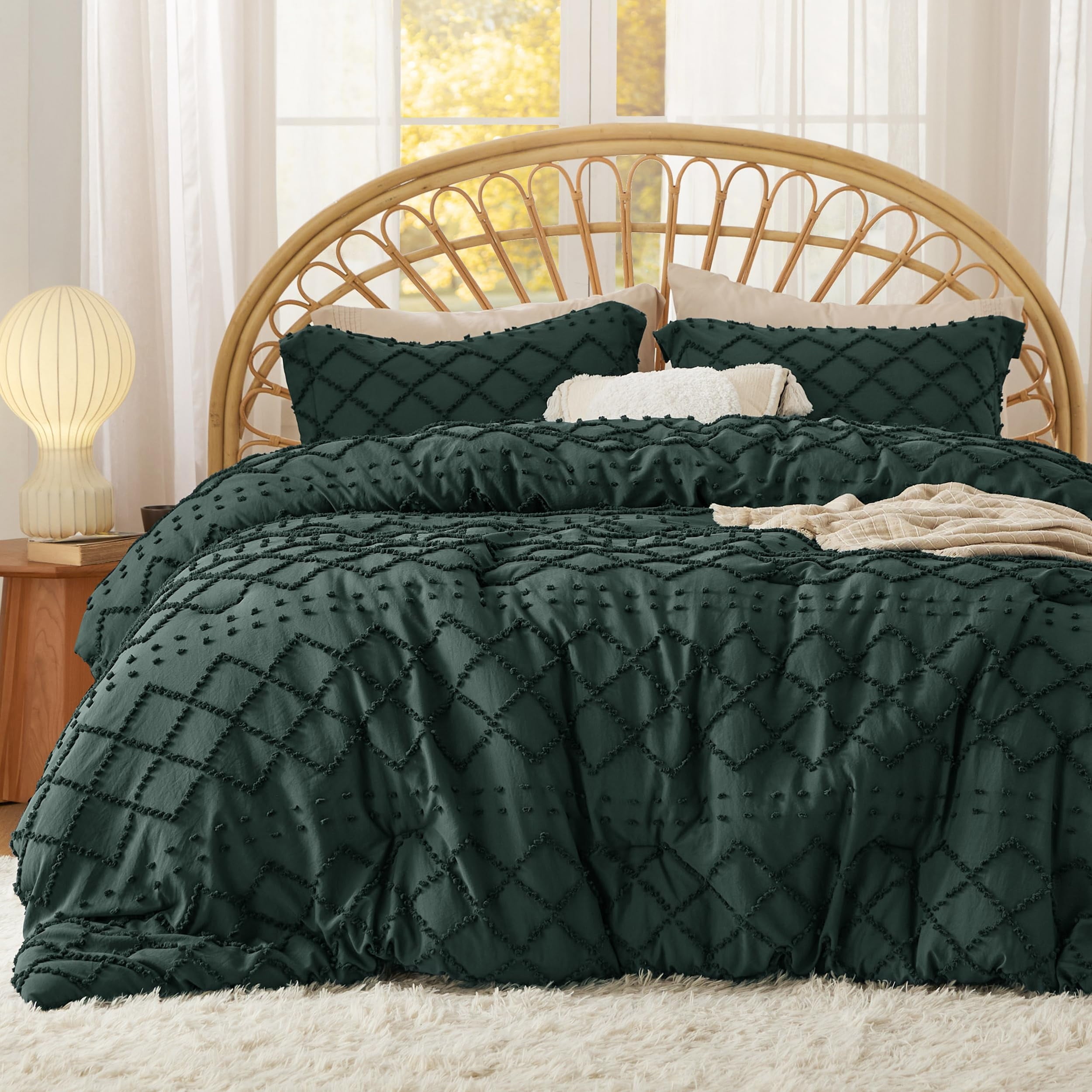 Cozy Comfort Comforter Set, Boho Tufted Shabby Chic Bedding Comforter Set, 2 Pieces Vintage Farmhouse Bed Set for All Seasons, Soft Bedding Set with 1 Pillow Sham,Twin,Mallard Green