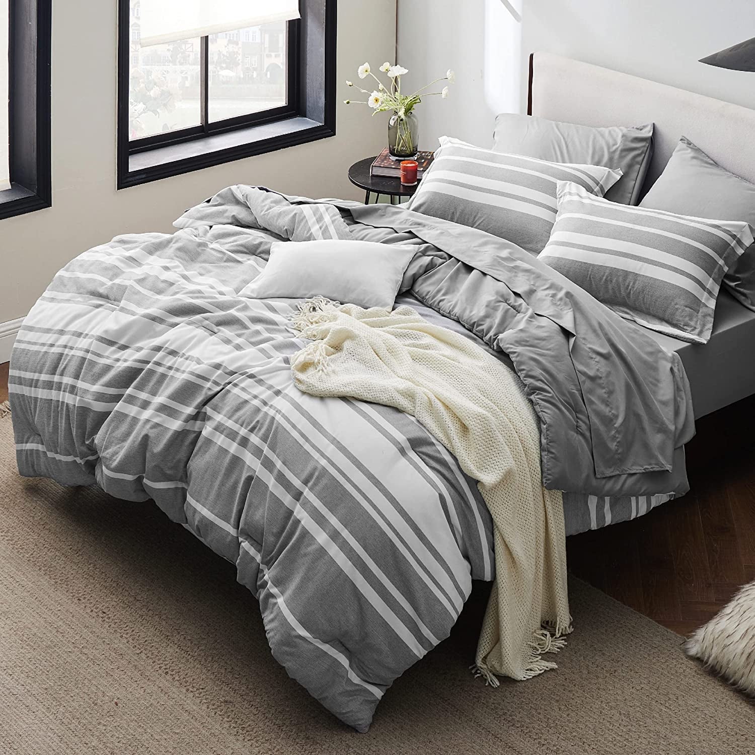 U by Bedsure King Size Comforter Set - 7 Pieces King Bedding Sets All Season Bed Set, Grey White Striped Bed in a Bag with Comforter, Sheets, Pillowcases & Shams