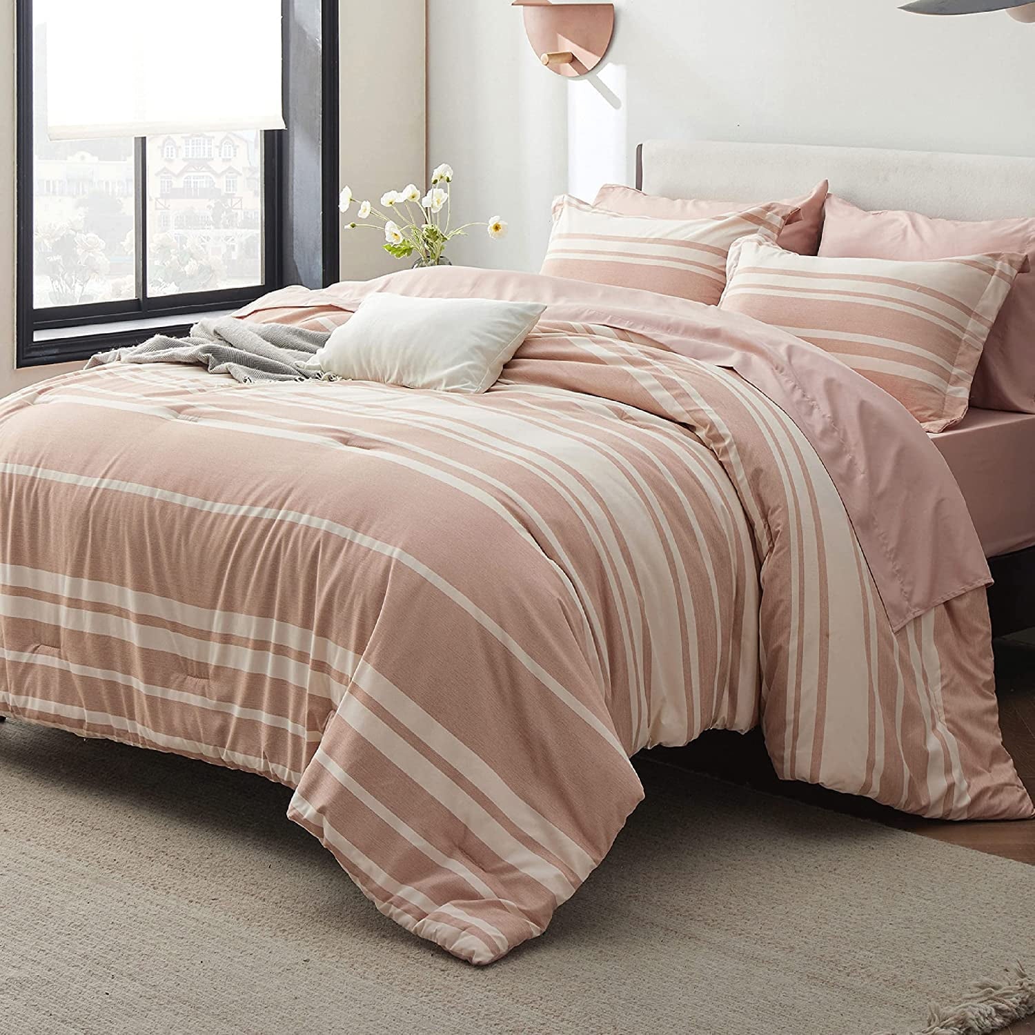 Cozy Comfort Bed in a Bag King Size 7 Pieces, Dusty Pink White Striped Bedding Comforter Sets All Season Bed Set, 2 Pillow Shams, Flat Sheet, Fitted Sheet and 2 Pillowcases