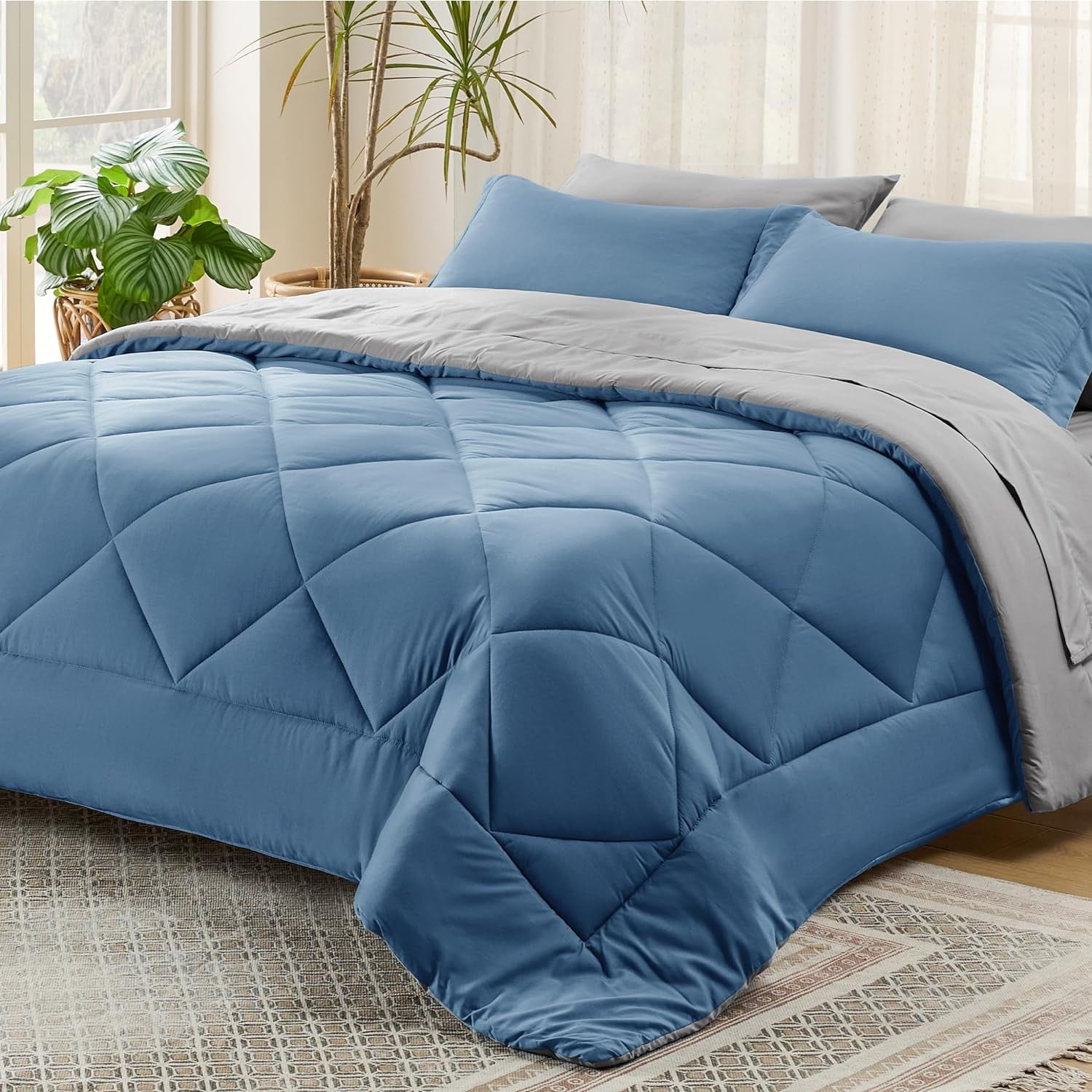 Cozy Comfort Blue Twin Comforter Set - 5 Pieces Reversible Blue Bedding Set Twin, Blue Bed Set with Comforters, Sheets, Pillowcase & Sham