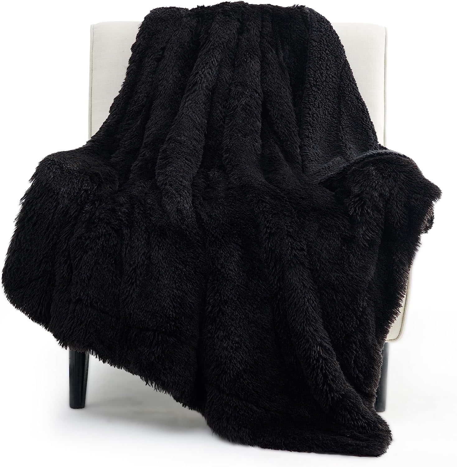 Cozy Comfort Faux Fur Twin Blanket Black Fluffy Blankets & Throws Shaggy Faux Fur Blanket, 60x80 inches