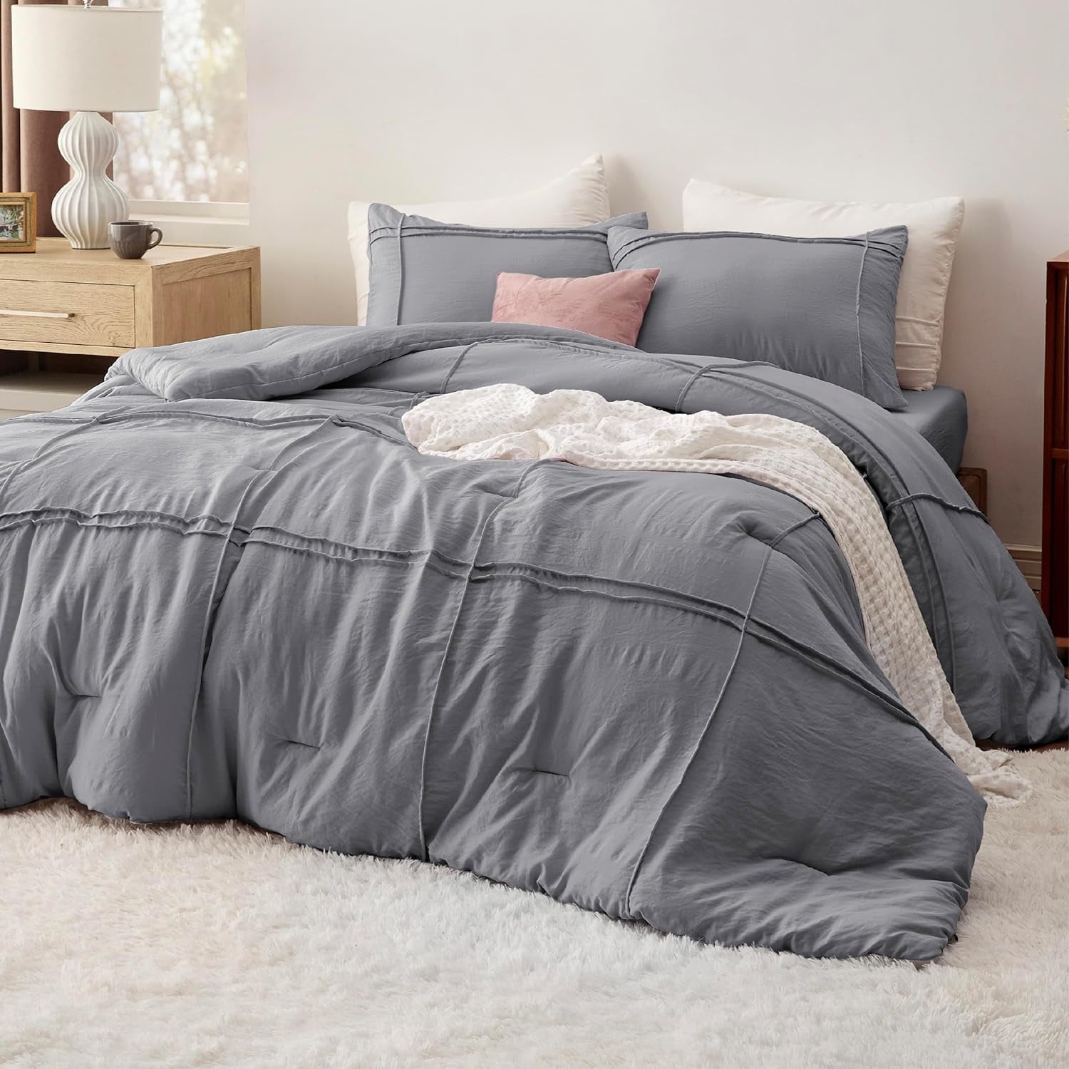 Cozy Comfort California King Comforter Set with Sheet - 4 Pieces Soft Grey Bedding Sets, Grid Pinch Pleat, All Season Lightweight Fluffy Bed Set with Solid Boho Comforter, Pillowcases & Sheet