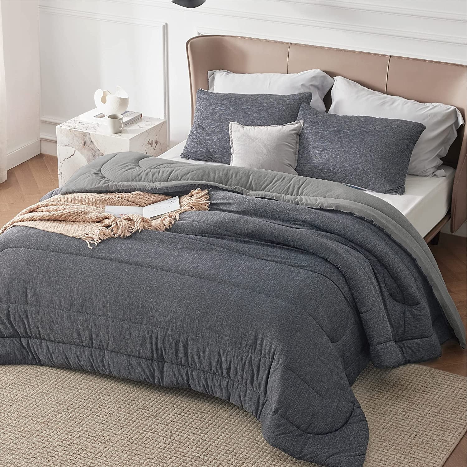 Cozy Comfort Dark Grey Queen Comforter Set - Warm & Cooling Bed Set with Comforter, 3 Pieces All Season Reversible Dual Side Warm Queen Comforter with 2 Pillow Shams