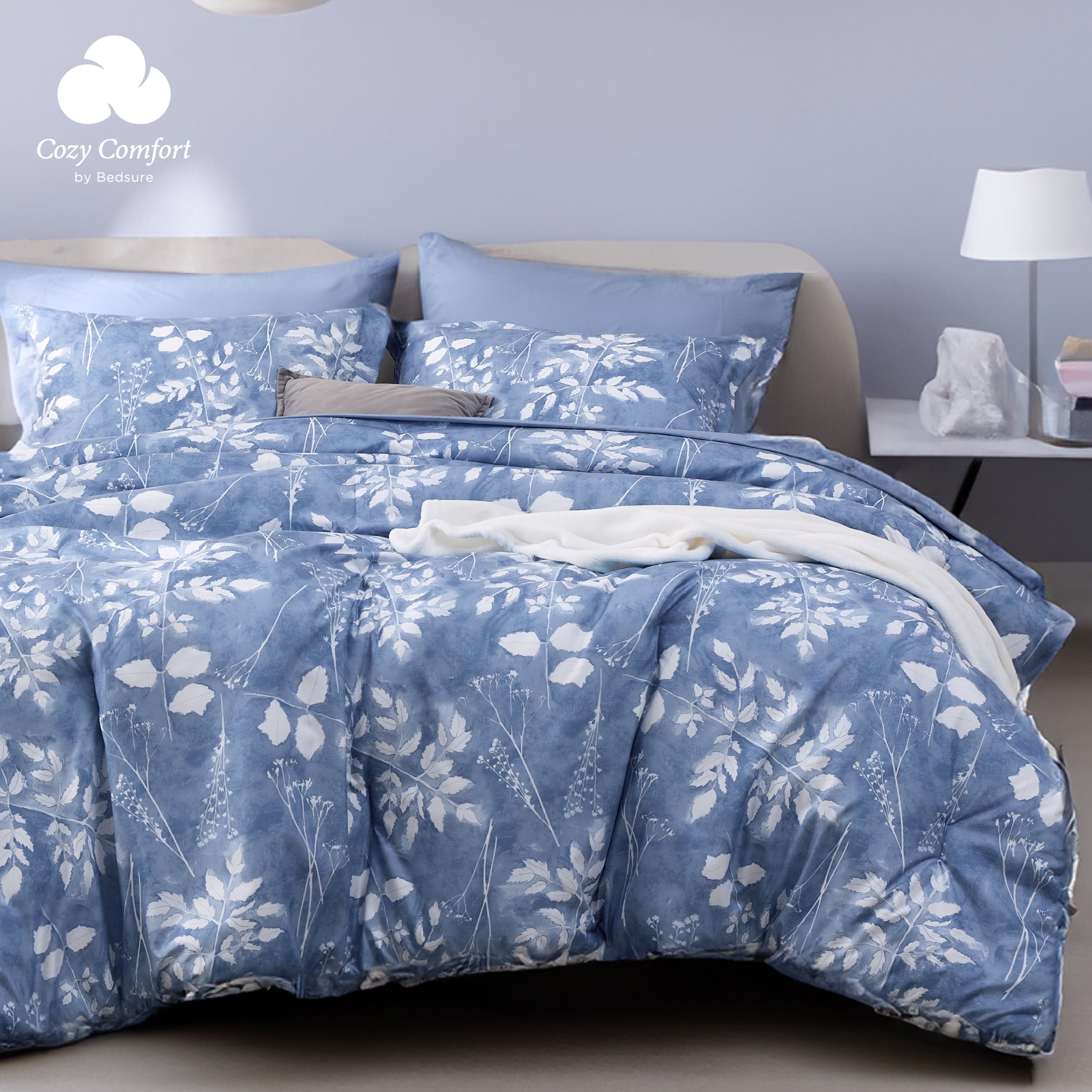 Cozy Comfort by Bedsure Queen Comforter Set - 7 Pieces Blue Floral Bedding Sets Queen Bed in a Bag with Reversible Botanical Flowers Comforter, Sheets, Pillowcases & Shams
