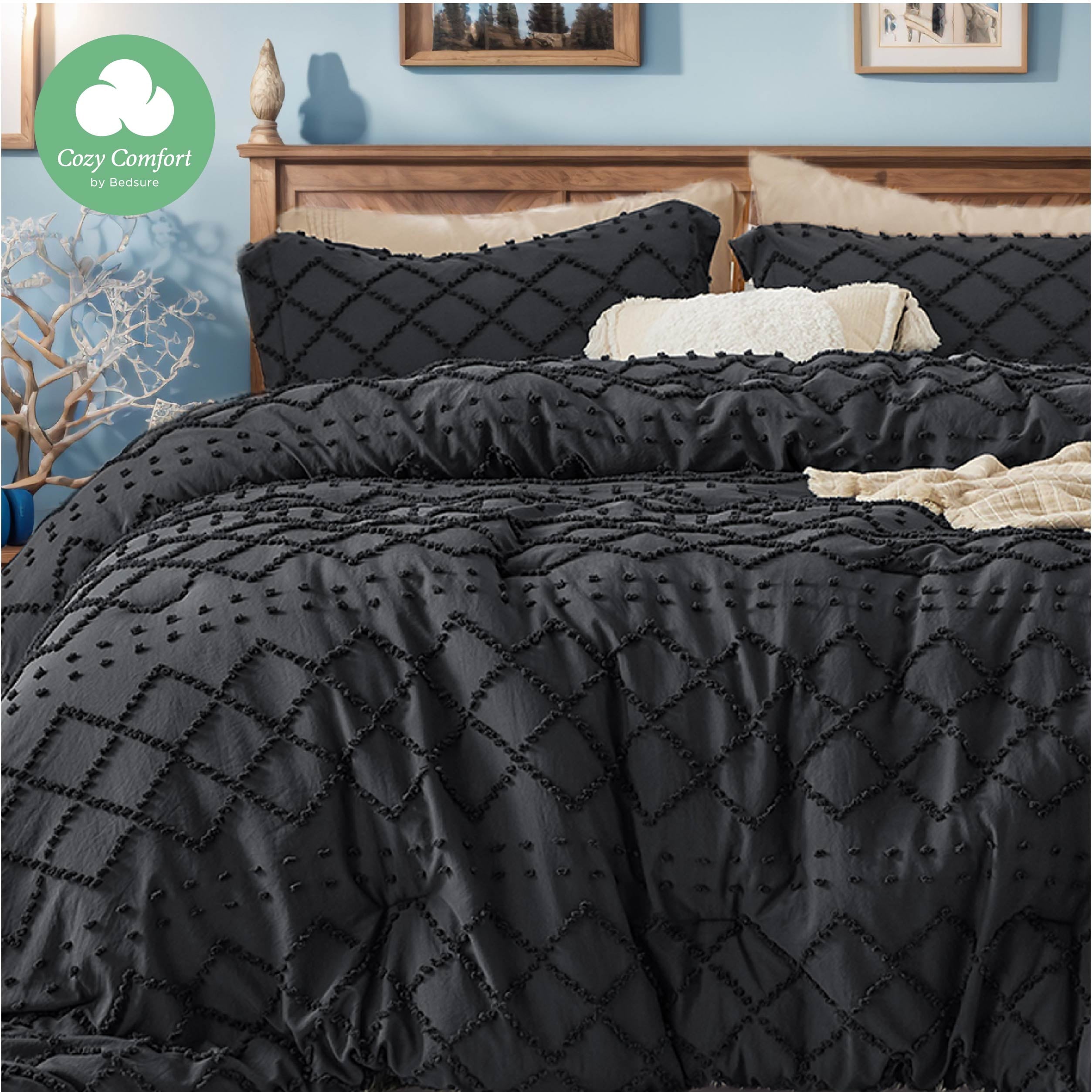 Cozy Comfort Comforter Set Boho Tufted Shabby Chic Bedding Comforter Set 3 Pieces Vintage Farmhouse Bed Set for All Seasons Soft Bedding Set with 2 Pillow Shams King Volcanic Ash