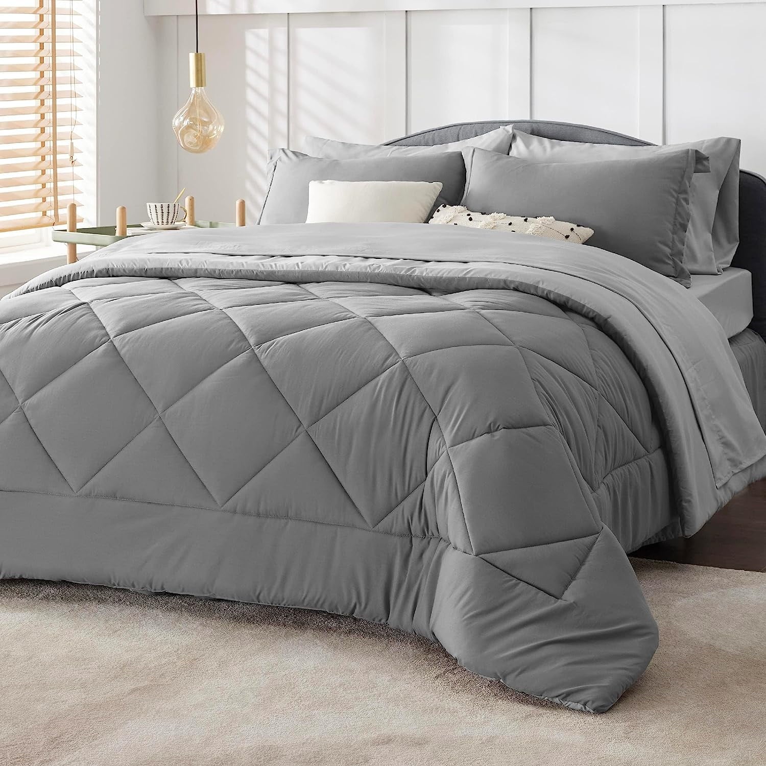 U by Bedsure Grey Comforter Set Full - 7 Pieces Reversible Bed in a Bag with Comforters, Sheets, Pillowcases & Shams