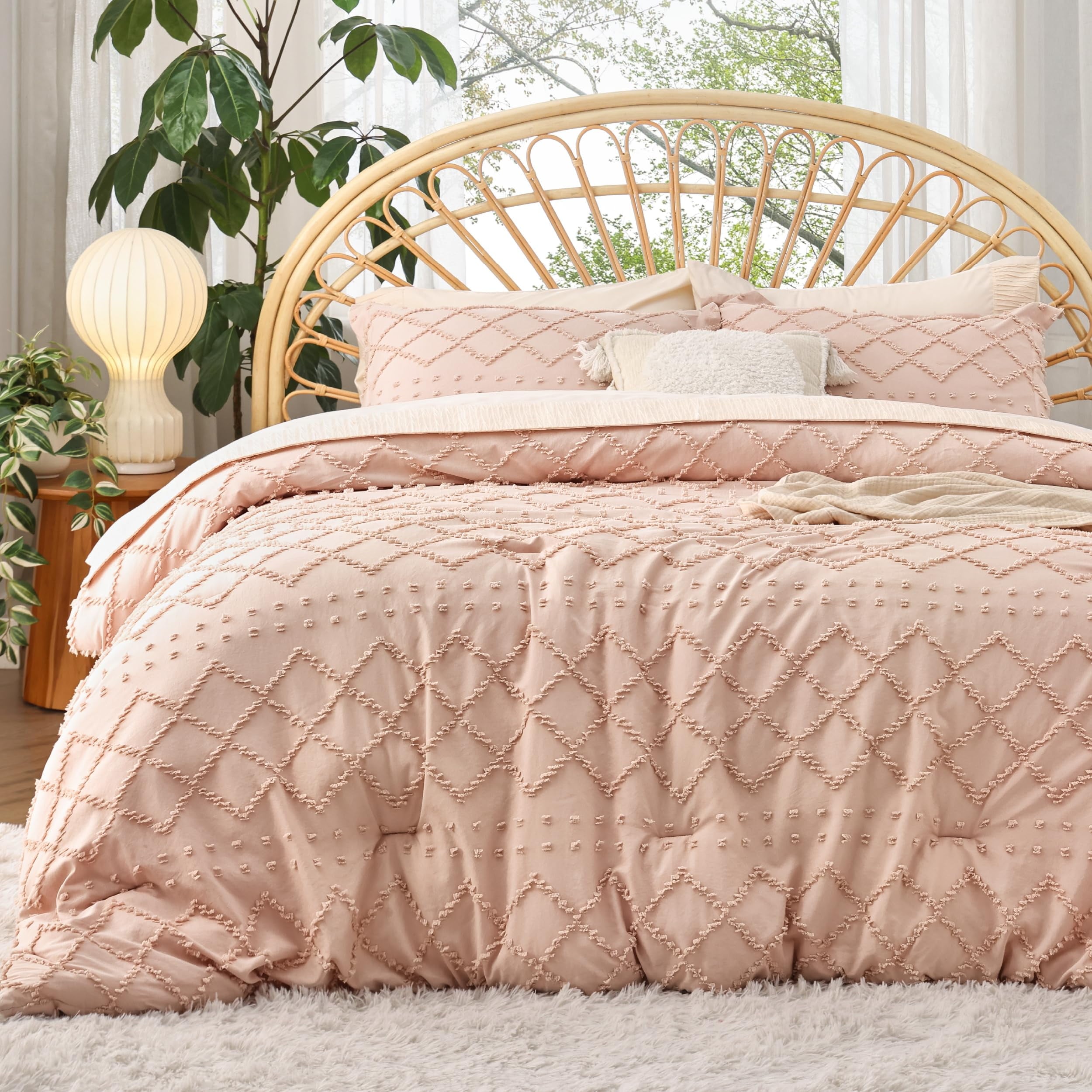 Cozy Comfort Comforter Set Boho Tufted Shabby Chic Bedding Comforter Set 2 Pieces Vintage Farmhouse Bed Set for All Seasons Soft Bedding Set with 1 Pillow Sham Twin Coral Pink