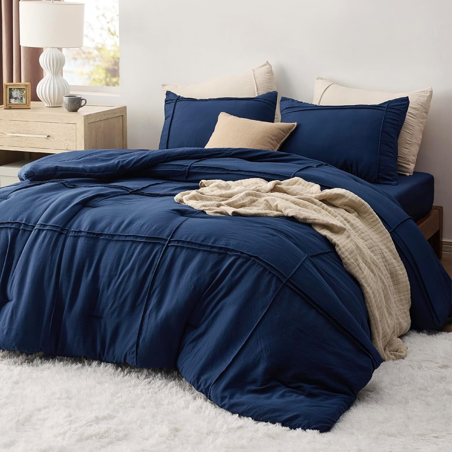 Cozy Comfort California King Comforter Set with Sheet - 4 Pieces Soft Navy Blue Bedding Sets, Grid Pinch Pleat, All Season Lightweight Fluffy Bed Set with Solid Boho Comforter, Pillowcases & Sheet