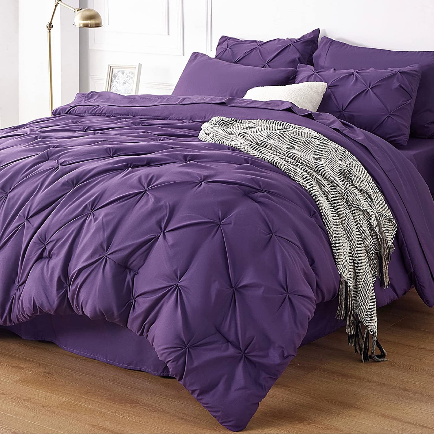 Cozy Comfort by Bedsure King Size Comforter Set - Bedding Set King 7 Pieces, Pintuck Bed in a Bag Purple Bed Set with Comforter, Sheets, Pillowcases & Shams