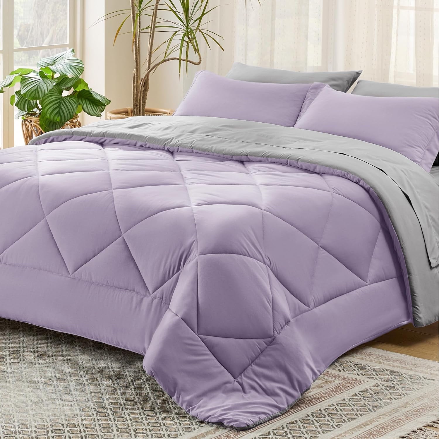 U by Bedsure Light Purple Full Size Comforter Set  7 Pieces Reversible Full Bed in a Bag Full Bed Set Light Purple and Grey with Comforters Sheets Pillowcases Shams