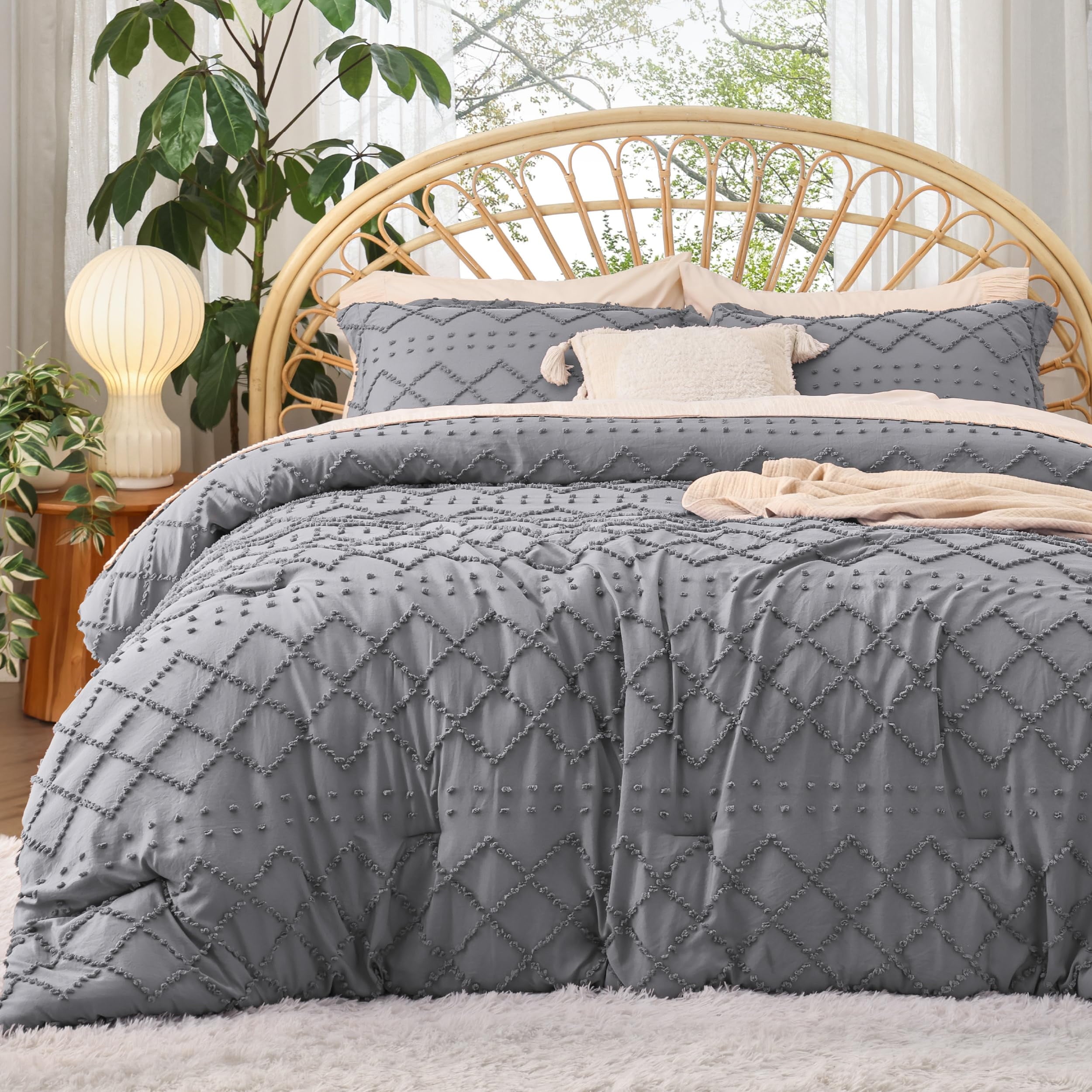 Cozy Comfort Comforter Set, Boho Tufted Shabby Chic Bedding Comforter Set, 2 Pieces Vintage Farmhouse Bed Set for All Seasons, Soft Bedding Set with 1 Pillow Sham,Twin,Grey