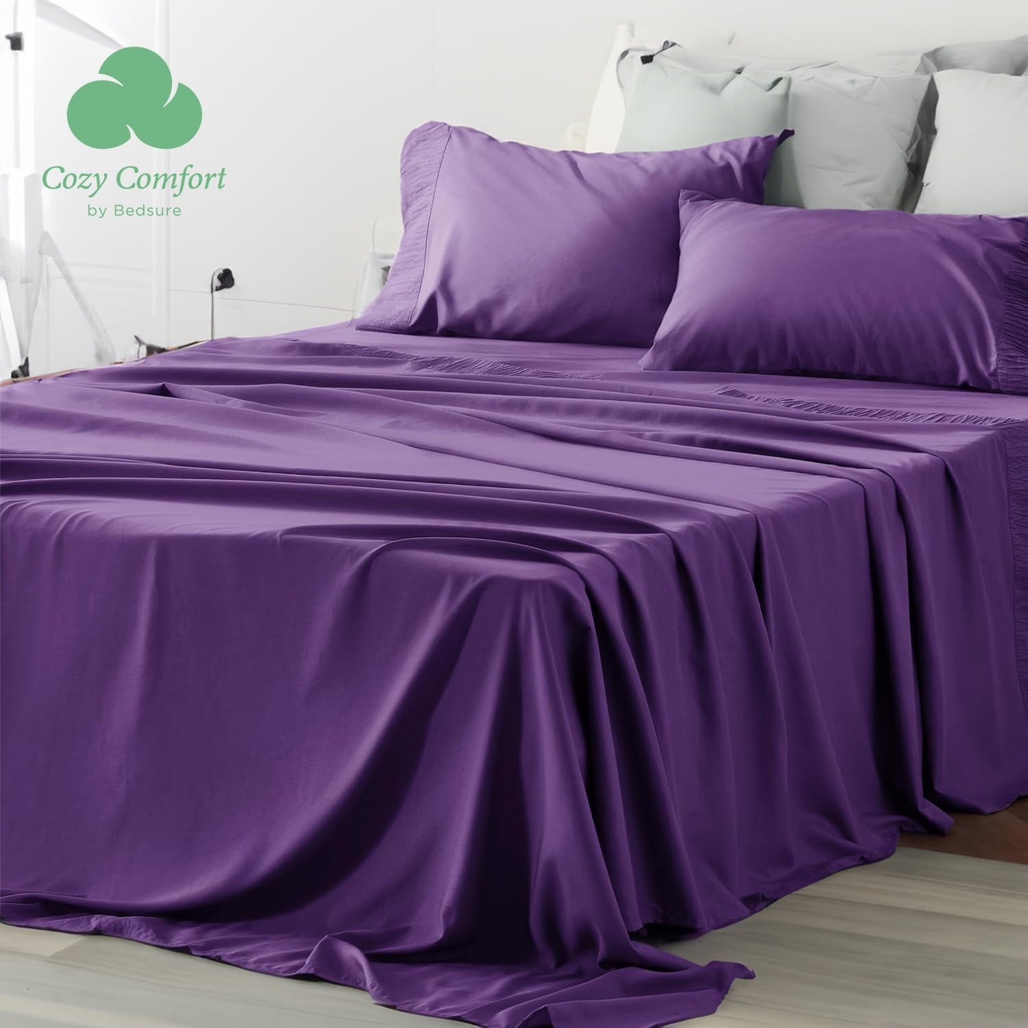 Cozy Comfort by Bedsure 4 Pieces Hotel Luxury Amaranth Purple Sheets King Easy Care Polyester Microfiber material Cooling Bed Sheet Set