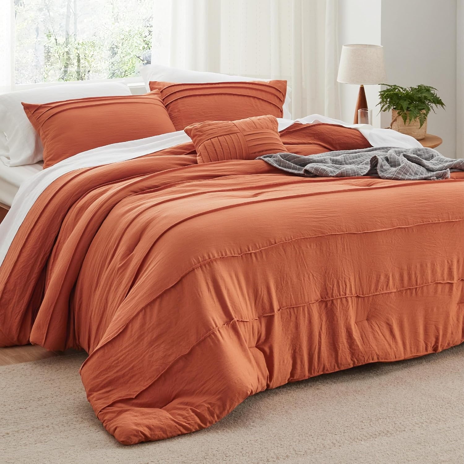 Cozy Comfort Burnt Orange Full Size Comforter Set - 4 Pieces Pinch Pleat Bed Set, Down Alternative Warm Bedding Sets for All Season, 1 Comforter, 2 Pillowcases, 1 Decorative Pillow