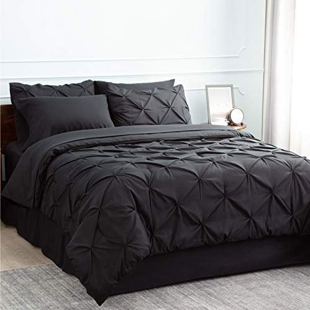 Bedsure 8 Pieces Pintuck Bed Set Full Size Bed in A Bag with Comforters Sheets Pillowcases Shams Black