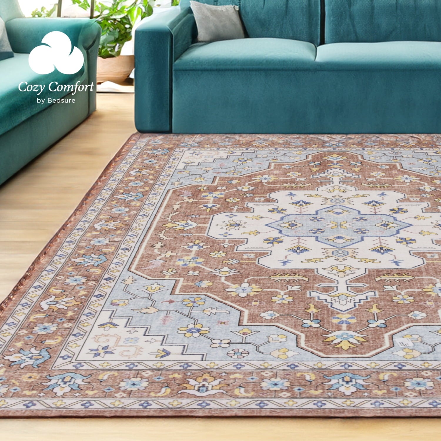 Cozy Comfort 3x5 Area Rugs for Living Room, Machine Washable Rugs, Vintage Rug, Non-Slip Backing, Non-Shedding, Low Pile Easy Care Throw Rugs for Bedroom Dining Room, Taupe