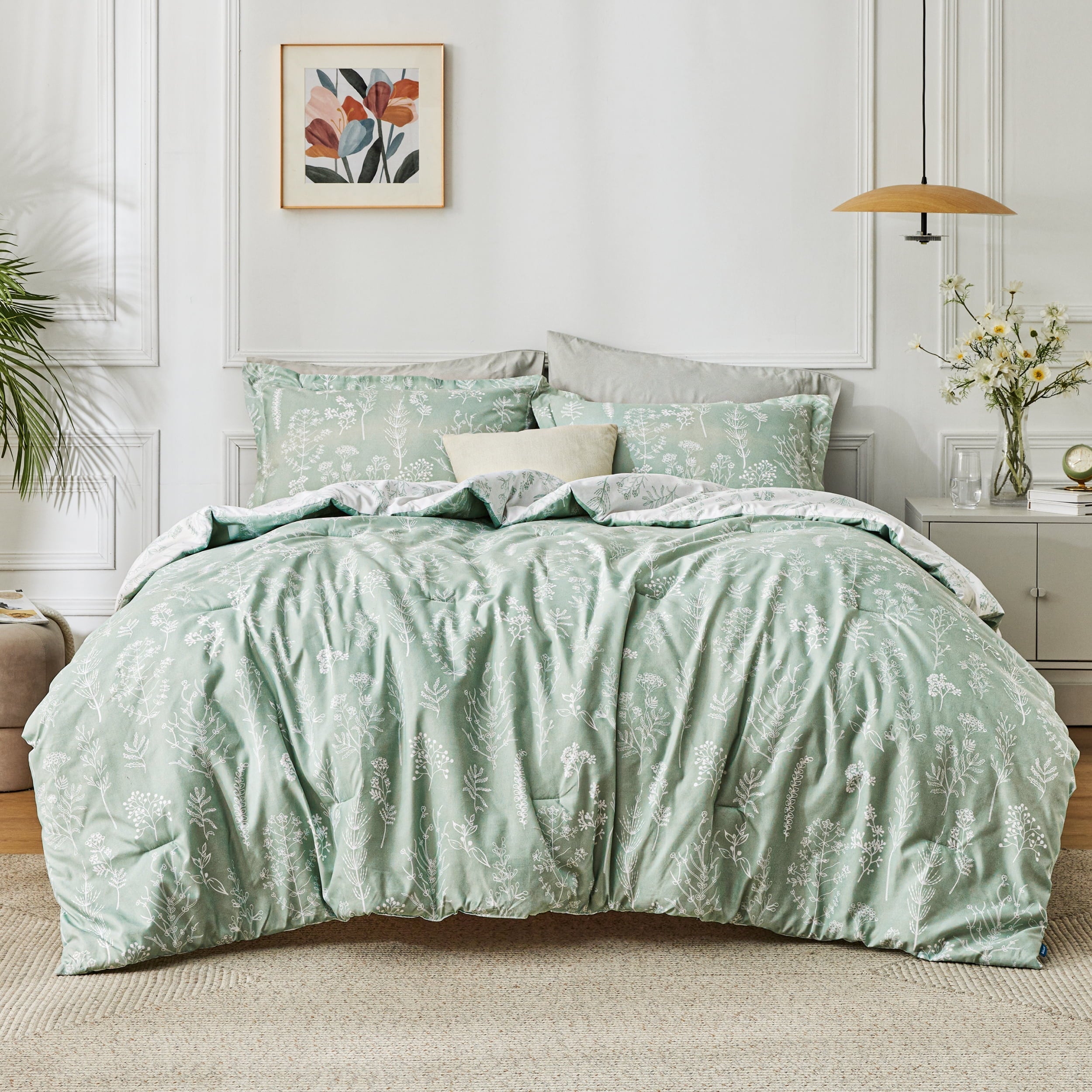Cozy Comfort 3 Pieces Sage Green Floral Comforter Sets, 1 Soft Reversible Botanical Flowers Comforter and 2 Pillow Shams, Queen Size