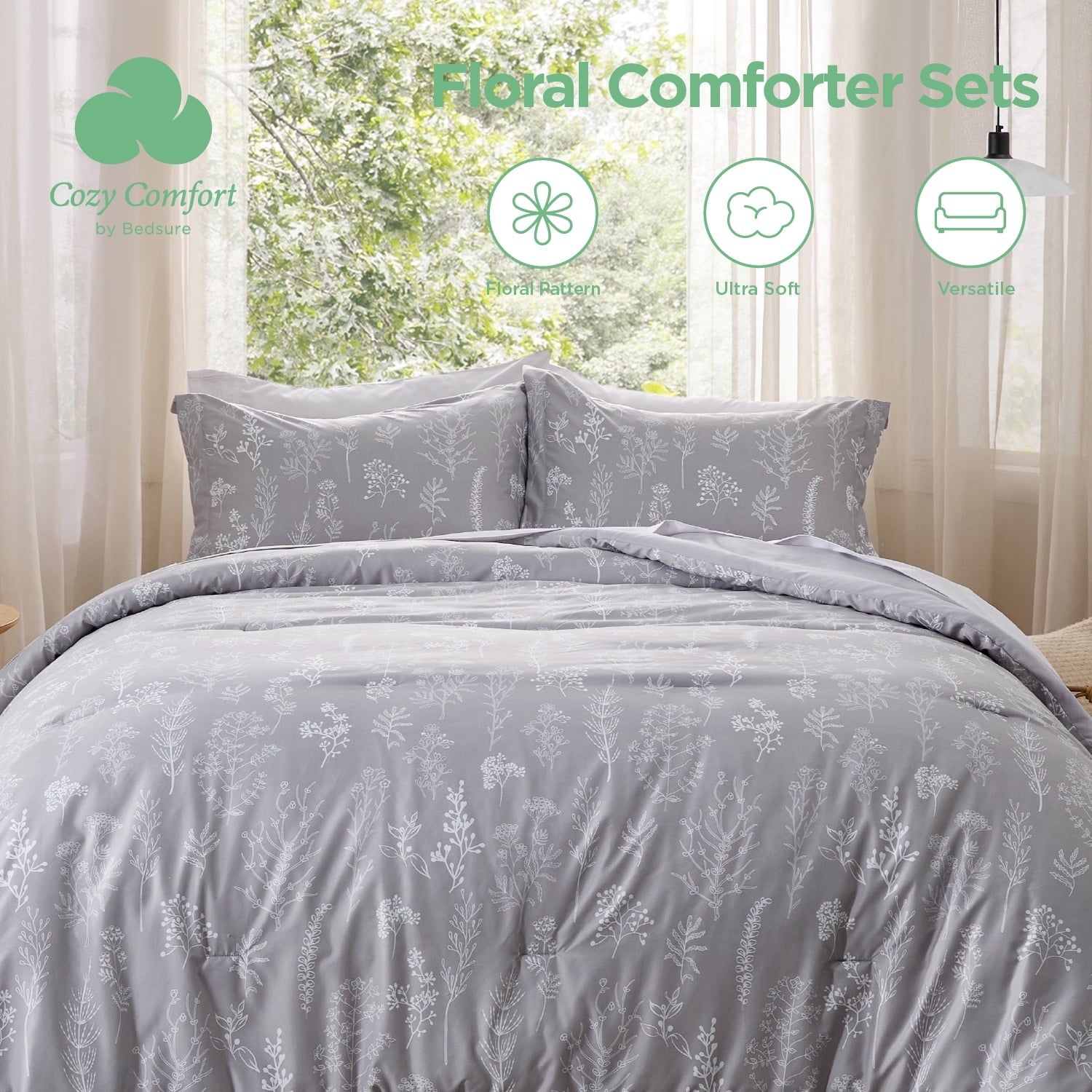 U by Bedsure 3 Pieces Grey Full Size Comforter Sets, Cute Flowers Botanical Lightweight Soft Bedding Set with 2 Pillow Shams